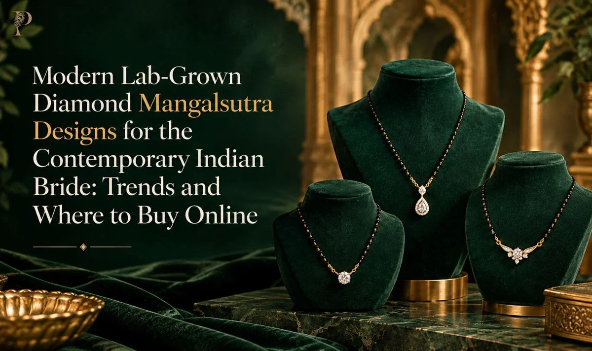 Three diamond mangalsutras on green velvet displays.