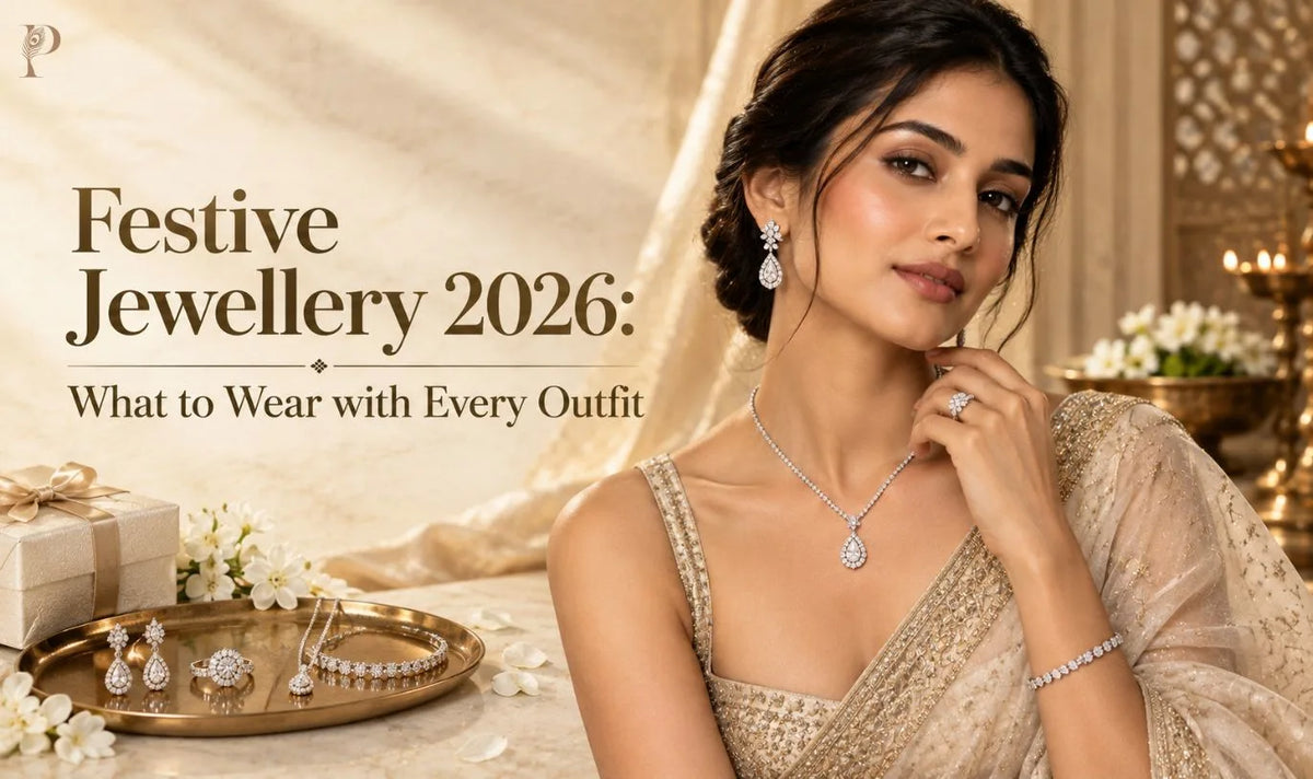 Woman in a beige saree wearing matching festive jewellery.