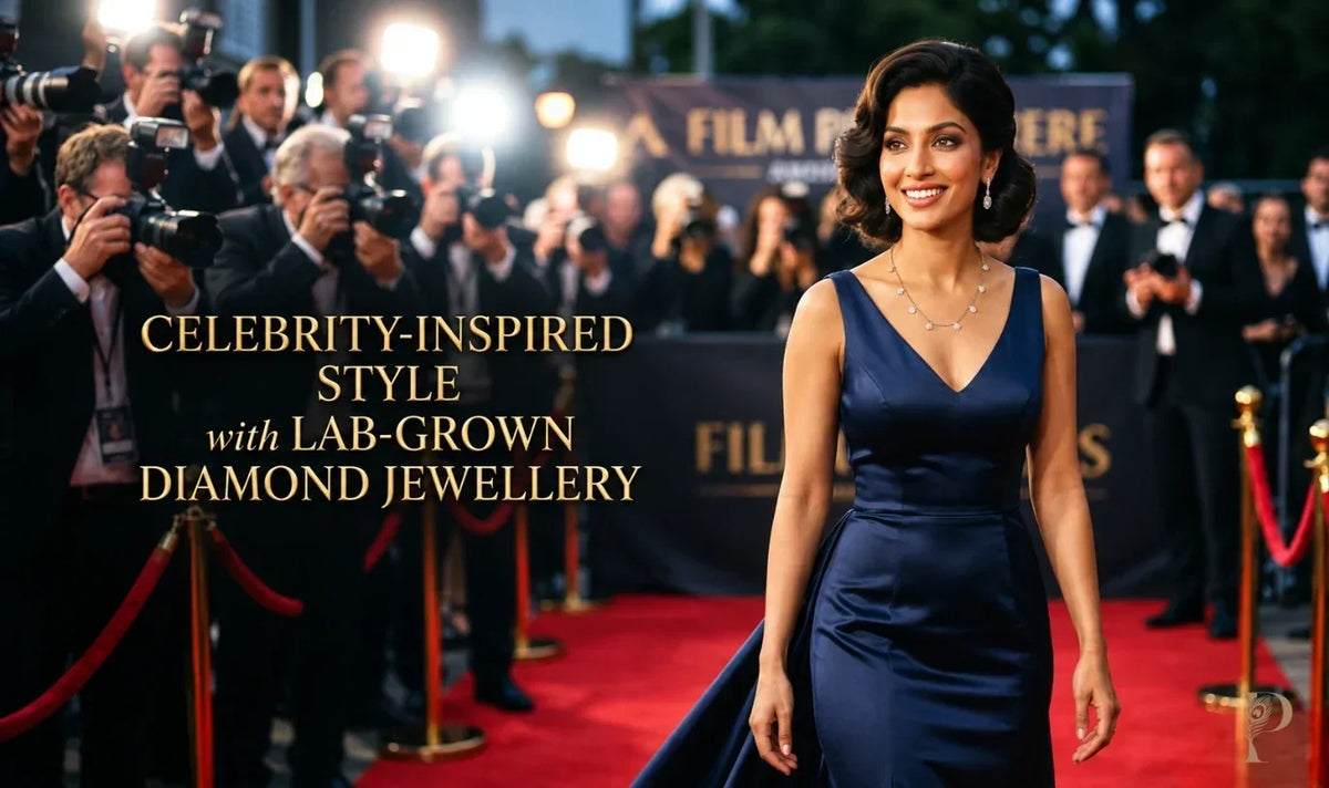 Woman in a navy gown walking a red carpet in a diamond necklace and drop earrings, with photographers and camera flashes behind her.