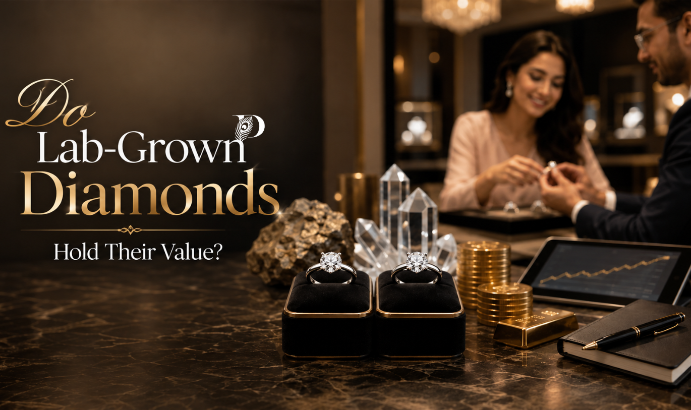 Do Lab-Grown Diamonds Hold Their Value? Luxury showroom featuring lab-grown and mined diamond rings for Indian buyers.