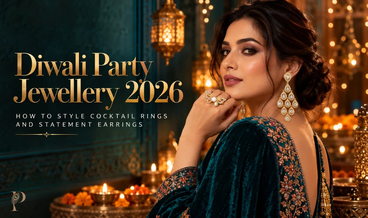 A woman wearing ornate gold chandelier earrings and a pearl-accented cocktail ring, “Diwali Party Jewellery 2026