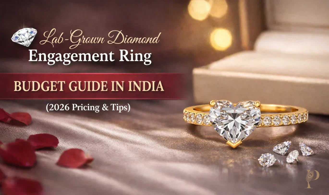 Heart-shaped diamond ring on gold band with smaller diamonds, surrounded by rose petals.