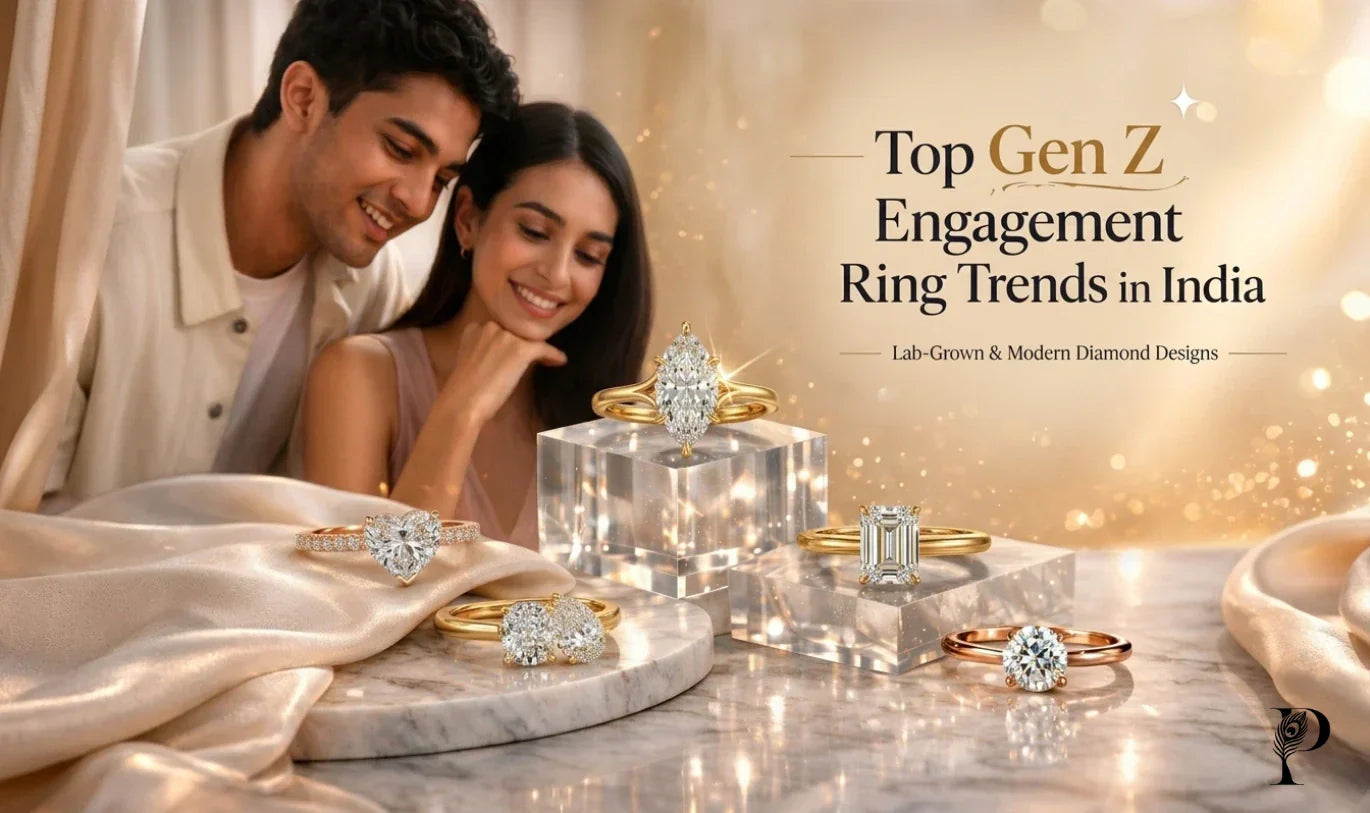 Young Indian couple admiring a collection of lab-grown diamond engagement rings in gold and rose gold settings, displayed on marble and crystal blocks — featuring pear, emerald, oval, and round cut diamonds.