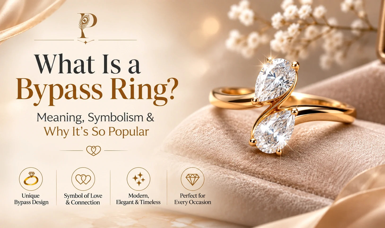 Gold toi et moi bypass ring with two pear-shaped lab diamonds on a velvet cushion — What Is a Bypass Ring? Meaning, Symbolism & Why It's So Popular