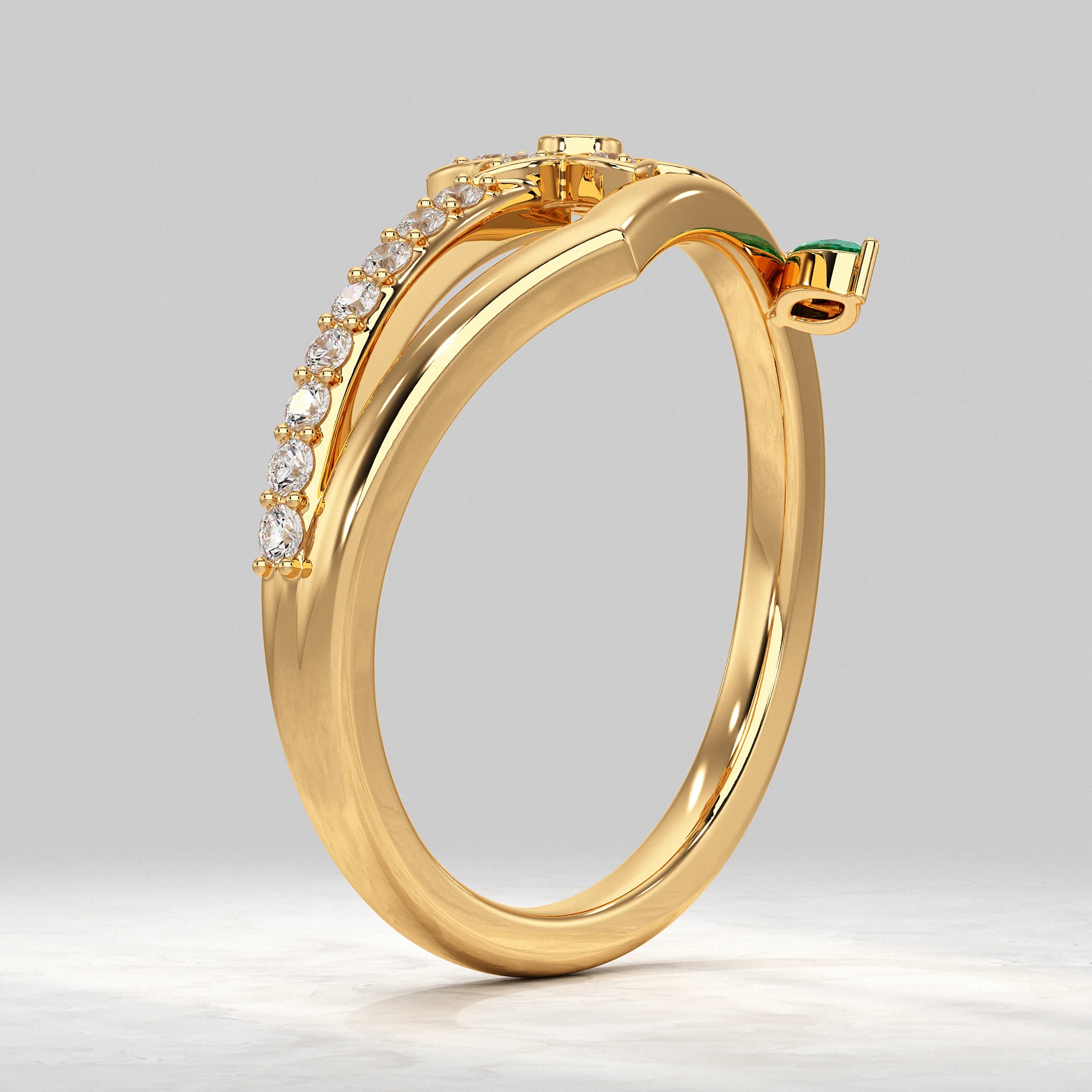 Floral Wrap Pave Ring with Green Drop Diamond Rings