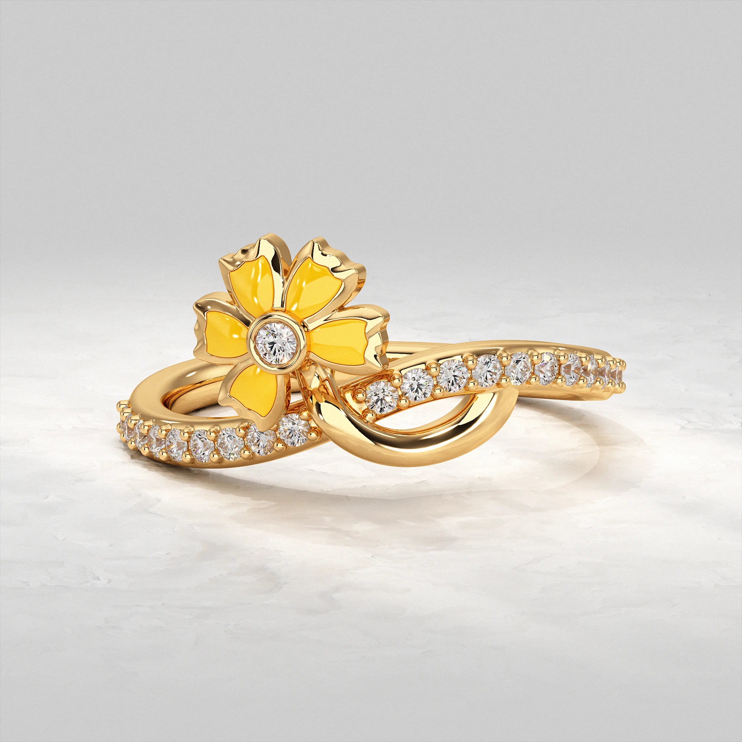 Floral Diamond Ring with Yellow Enamel Accents Rings