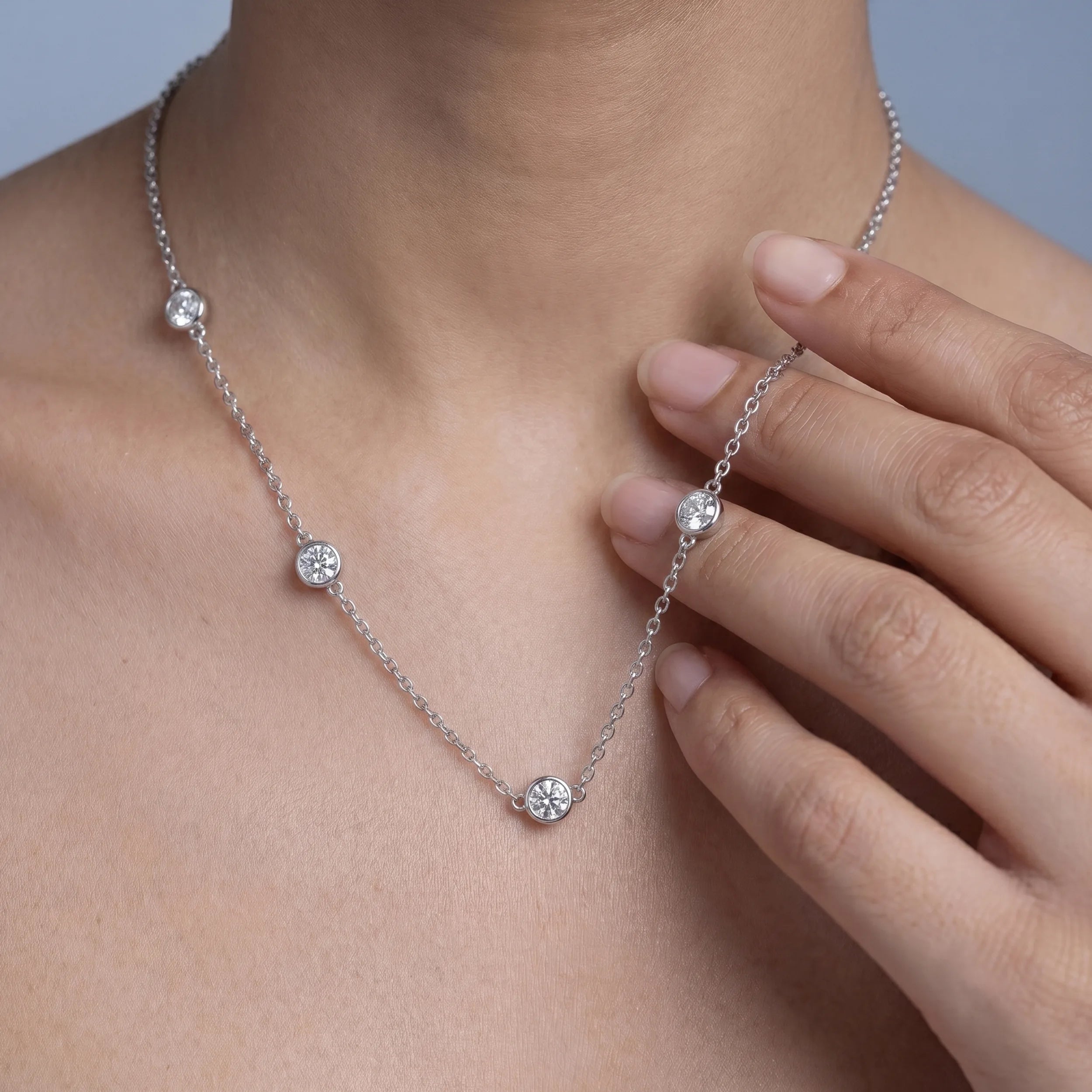 Bezel Set Round Diamond Station Necklace Pendant
