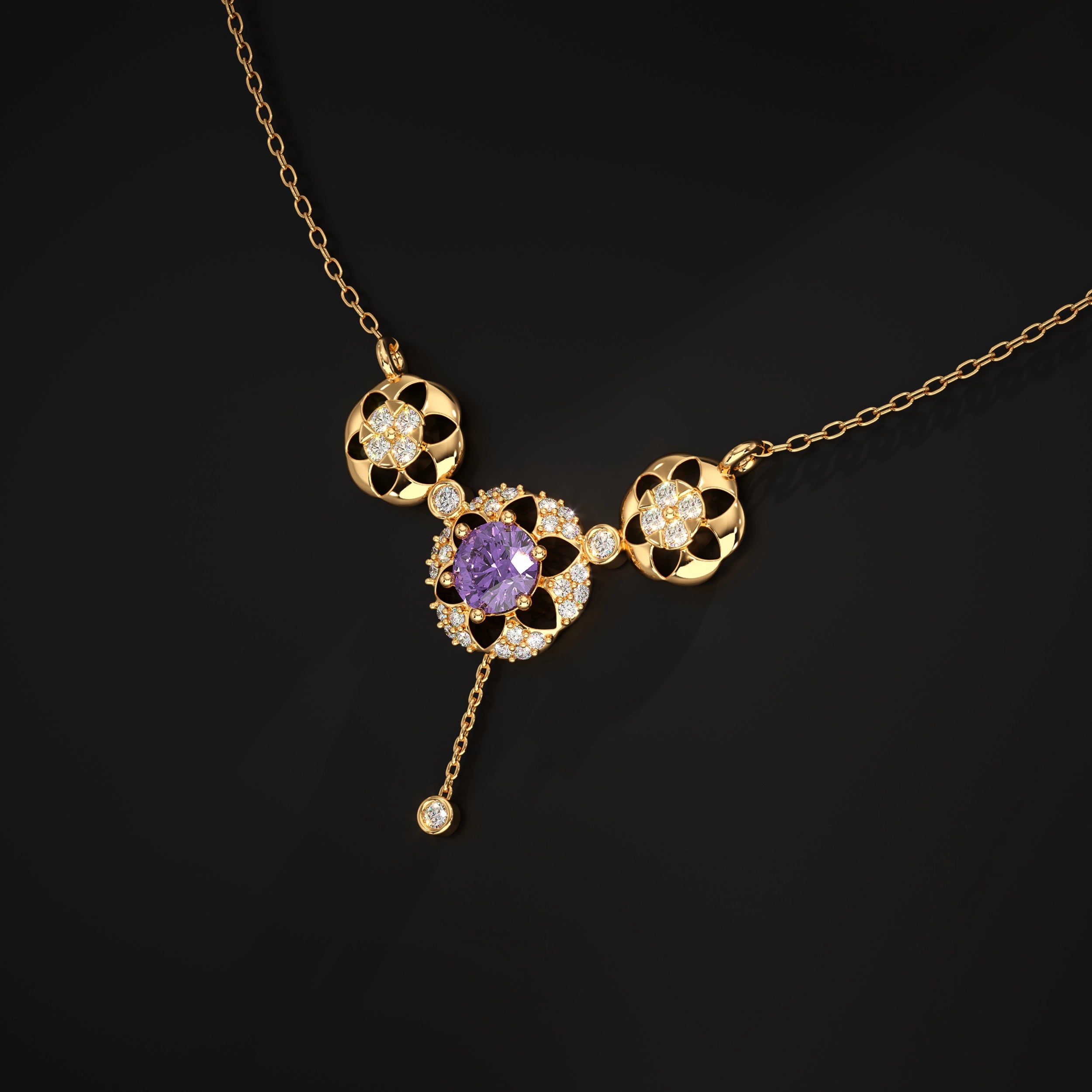 Round Diamond Flower Shape Drop Chain Pendant Pendant