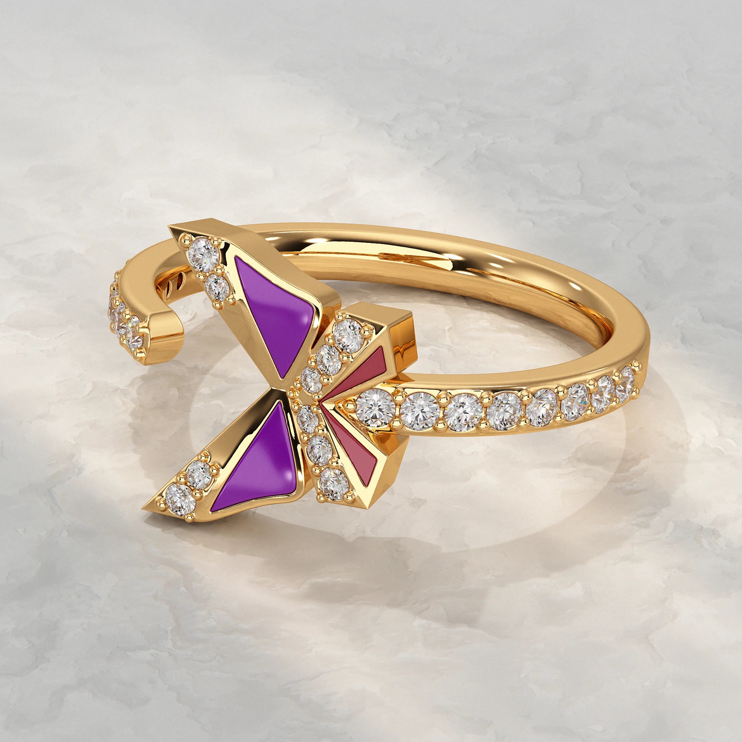 Purple Enamel Butterfly Lab Diamond Open Cuff Ring Rings