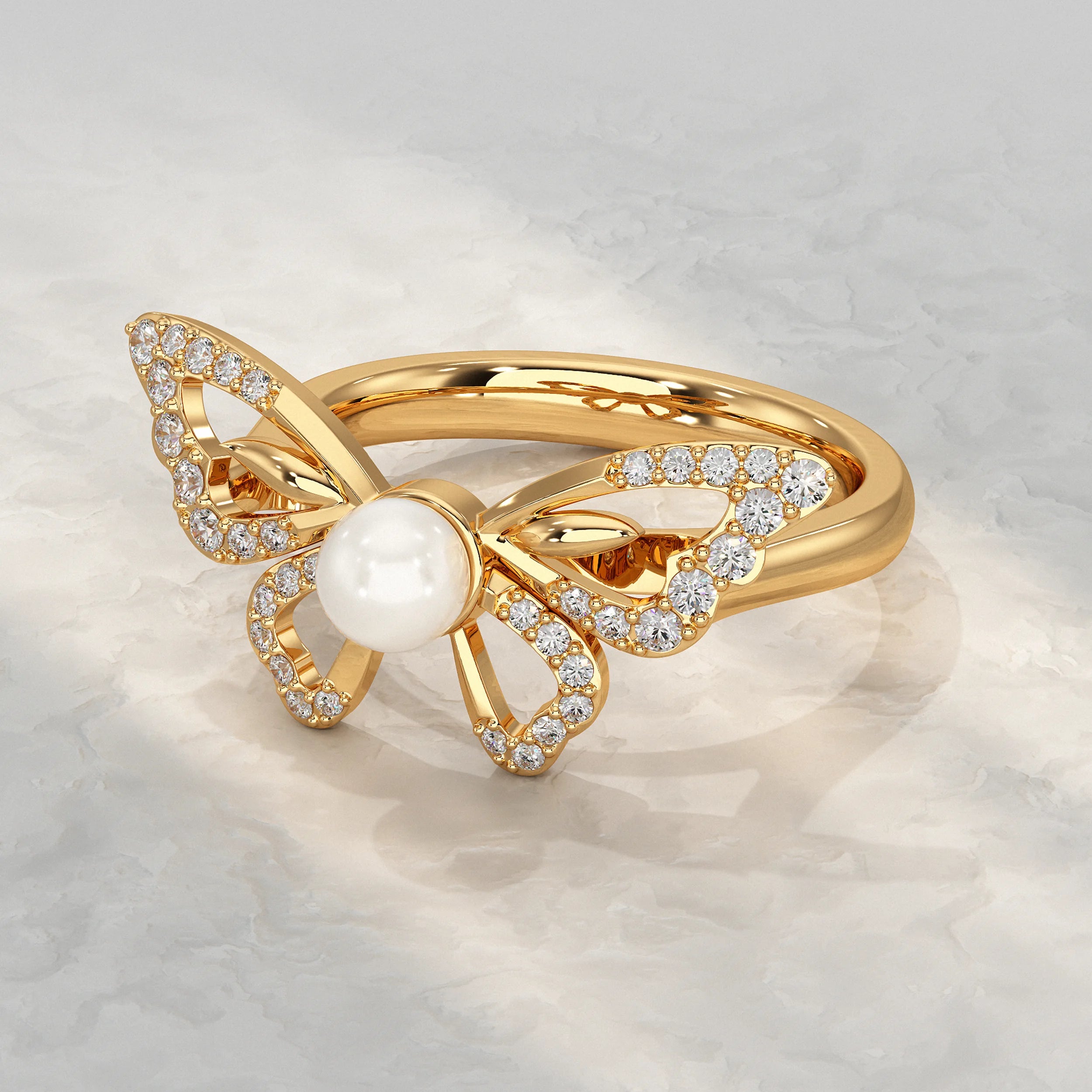 Butterfly With Round Pearl Gemstone Ring Rings