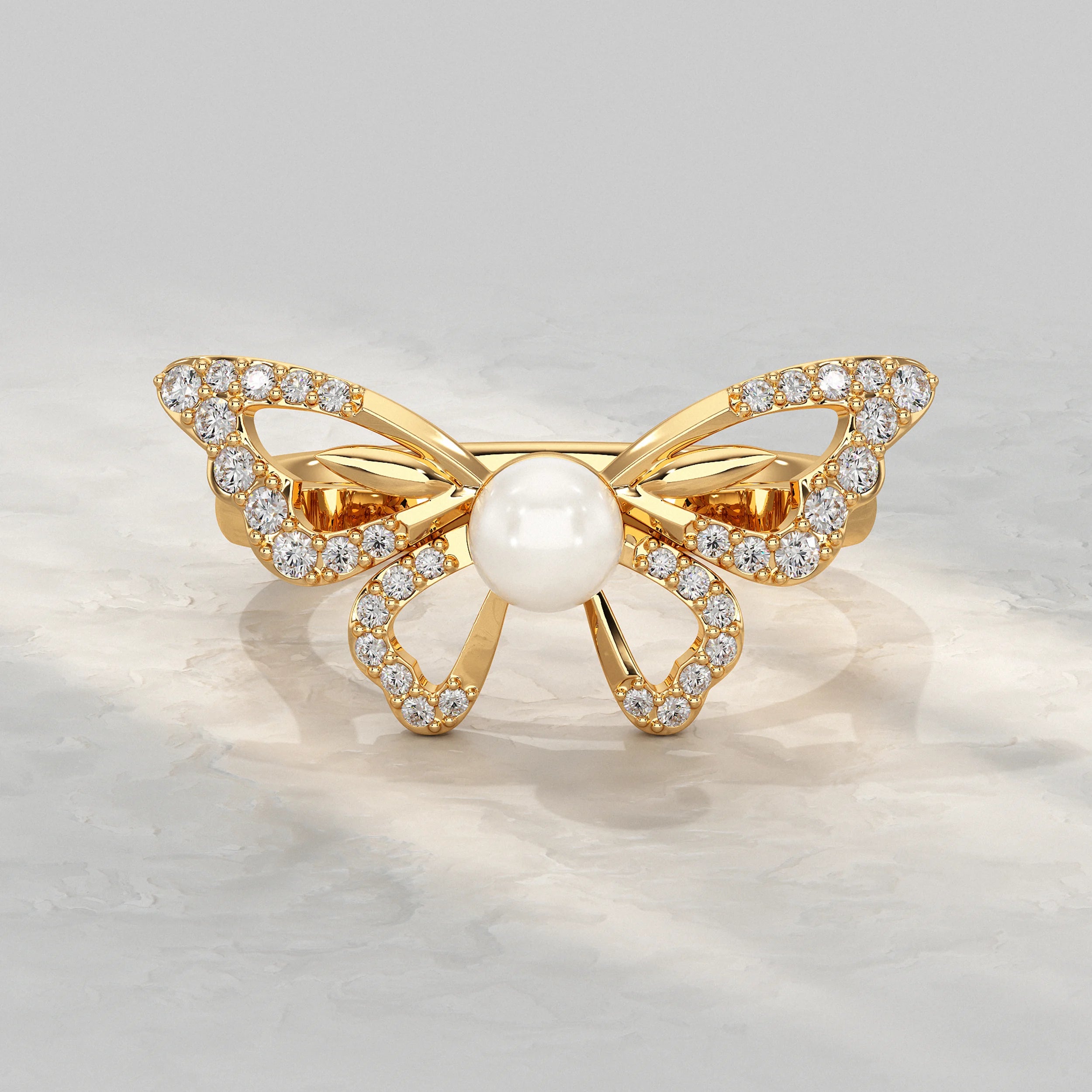 Butterfly With Round Pearl Gemstone Ring Rings