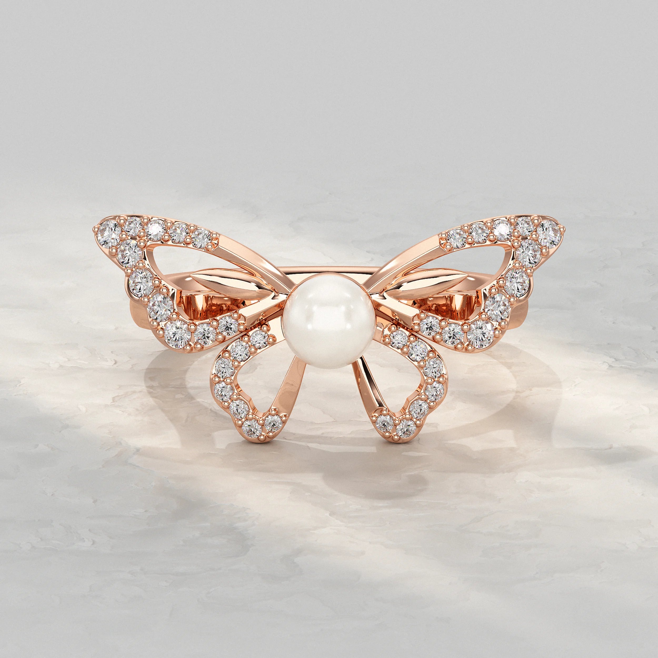 Butterfly With Round Pearl Gemstone Ring Rings