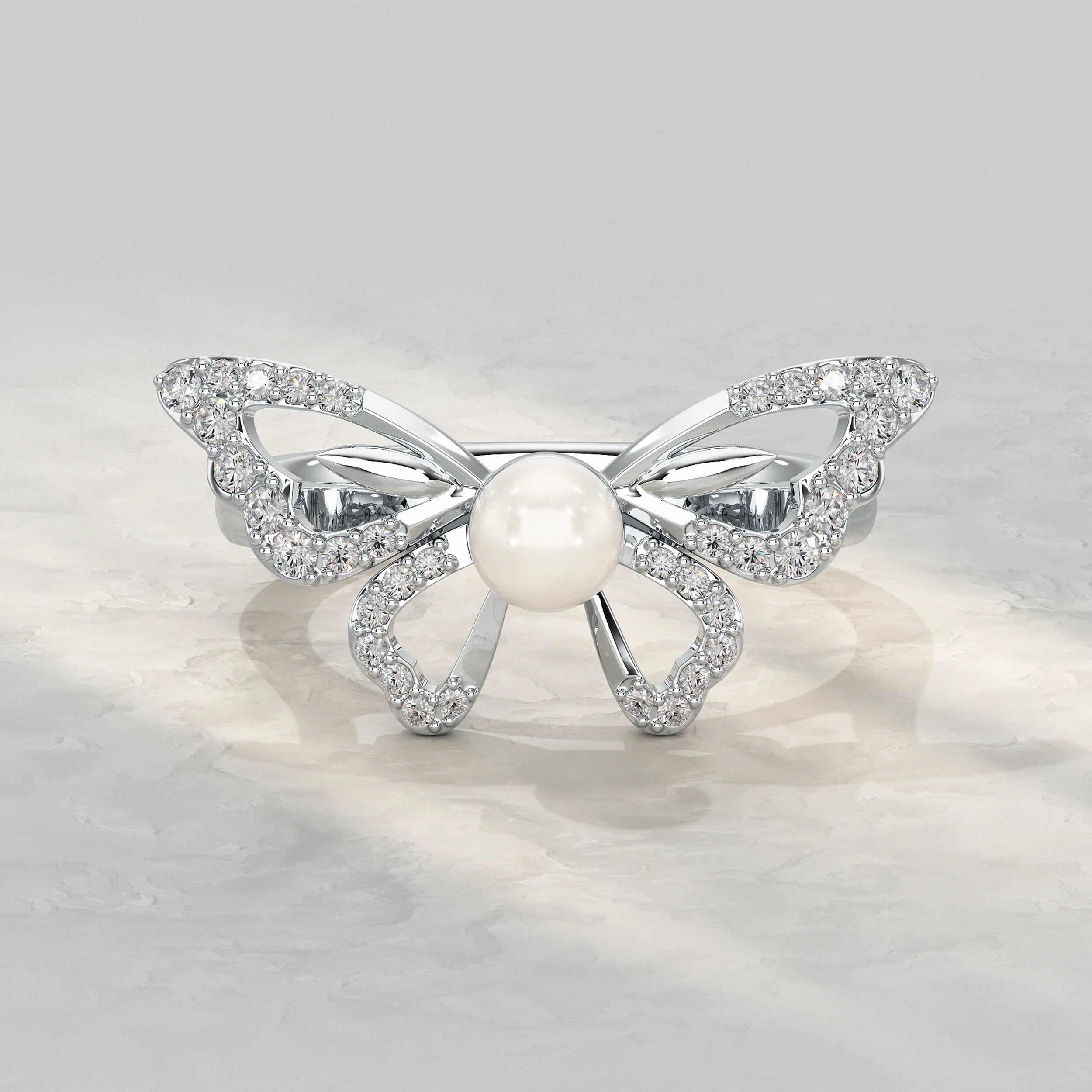 Butterfly With Round Pearl Gemstone Ring Rings
