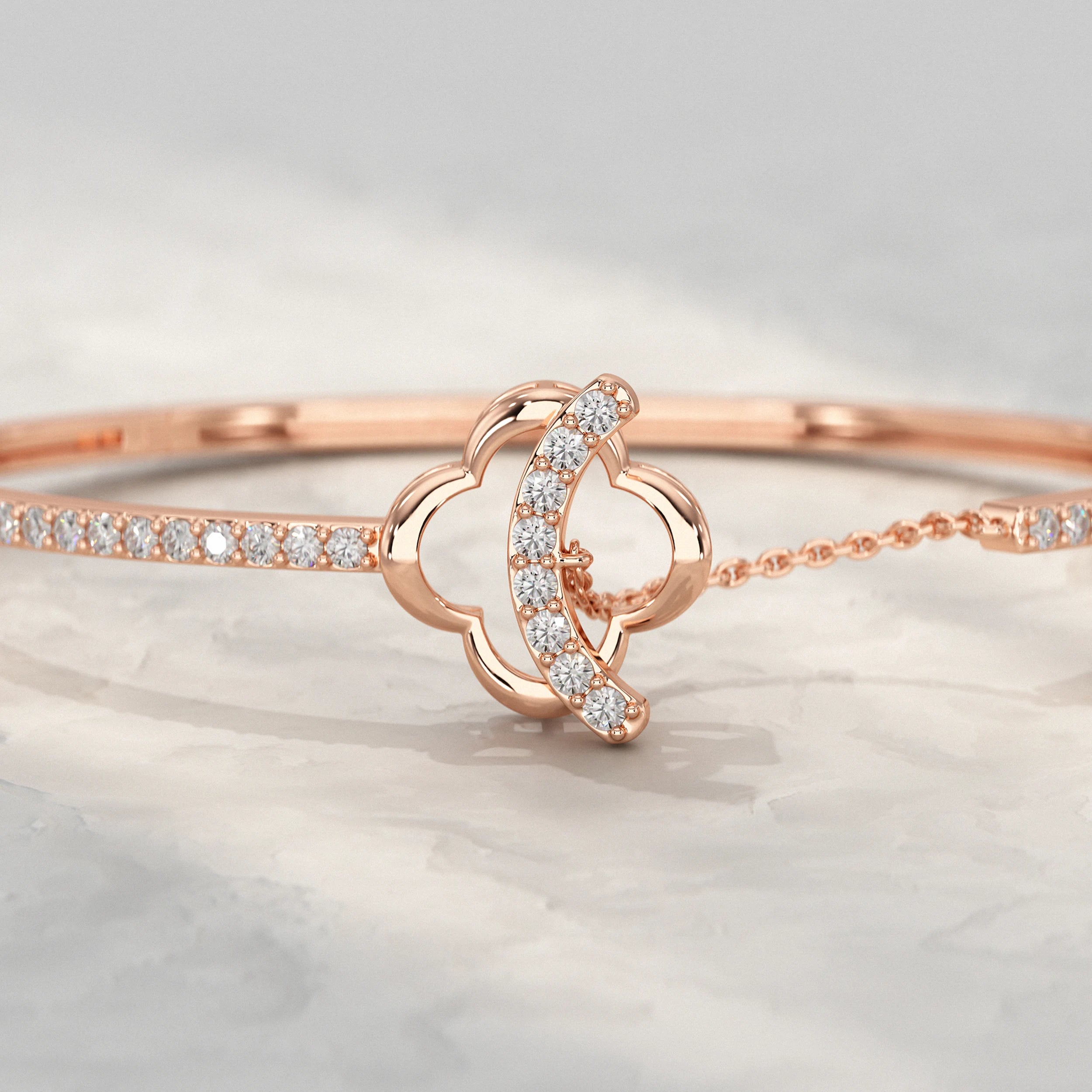 Round Lab Diamond Clover Motif Bangle Bracelet