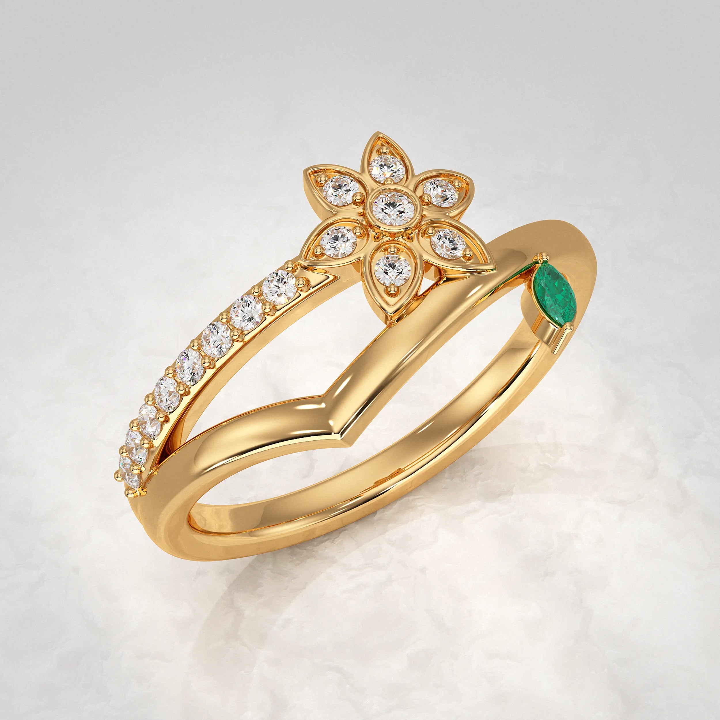 Floral Wrap Pave Ring with Green Drop Diamond Rings
