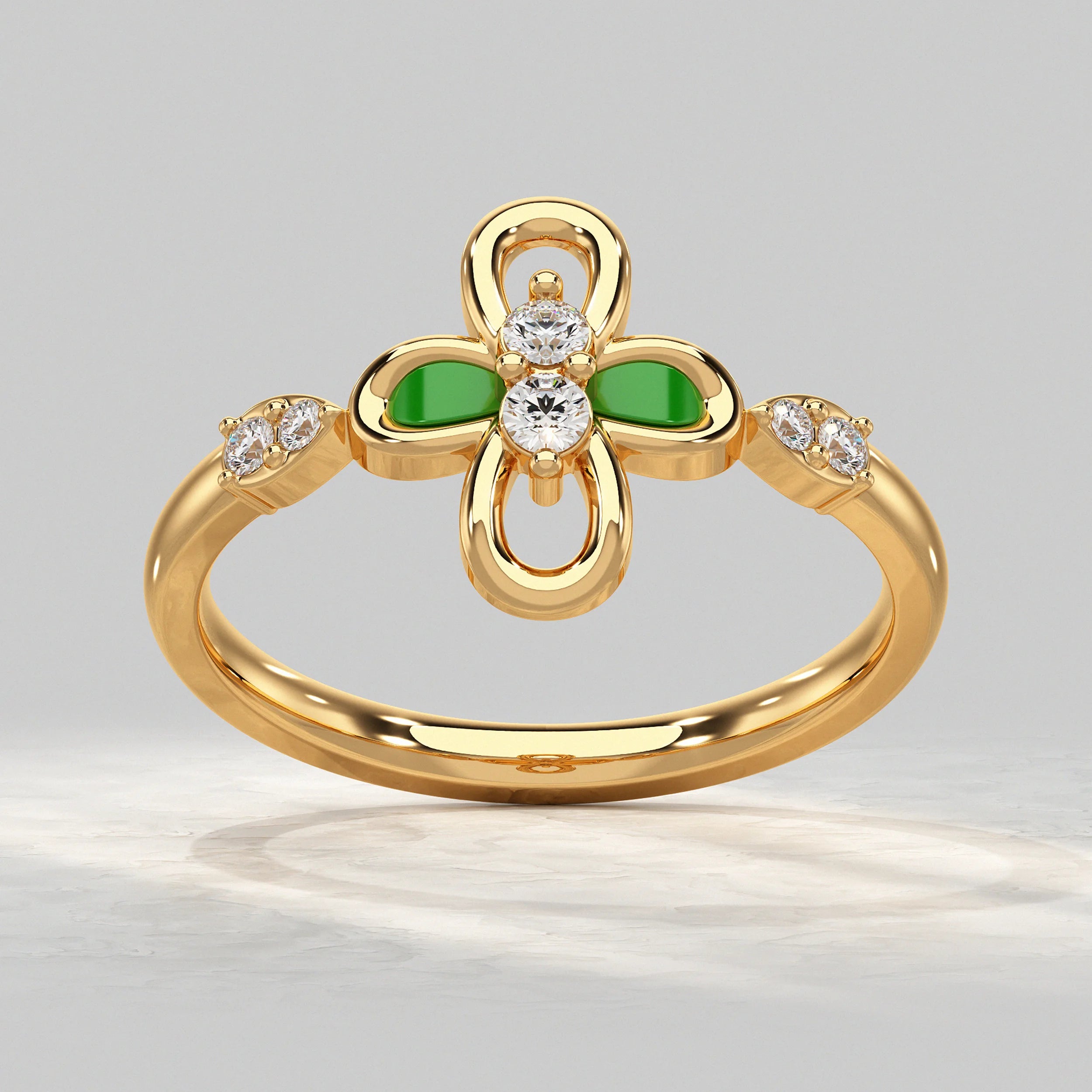 Floral Diamond Ring with Green Enamel Accent Rings