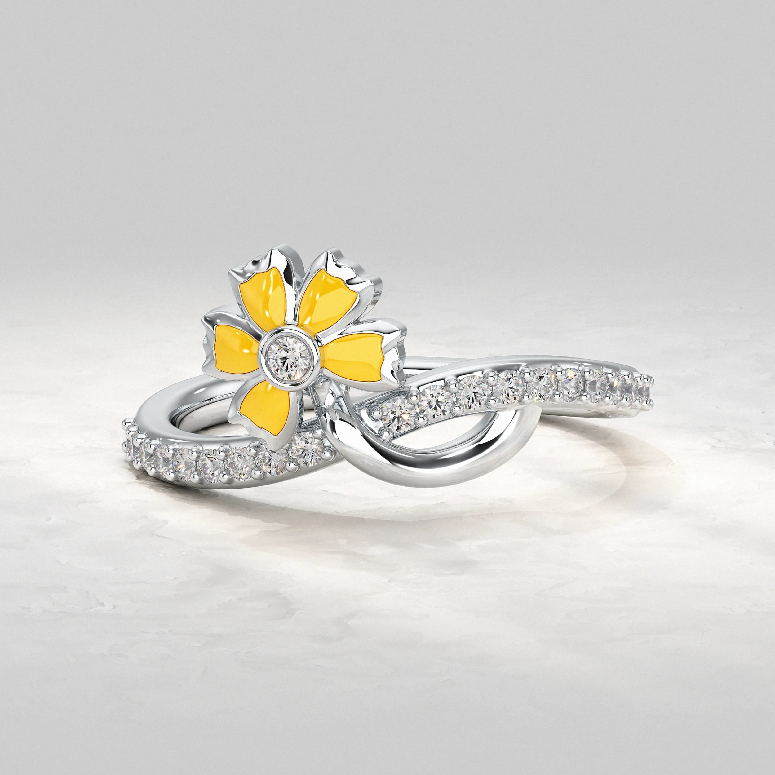Floral Diamond Ring with Yellow Enamel Accents Rings