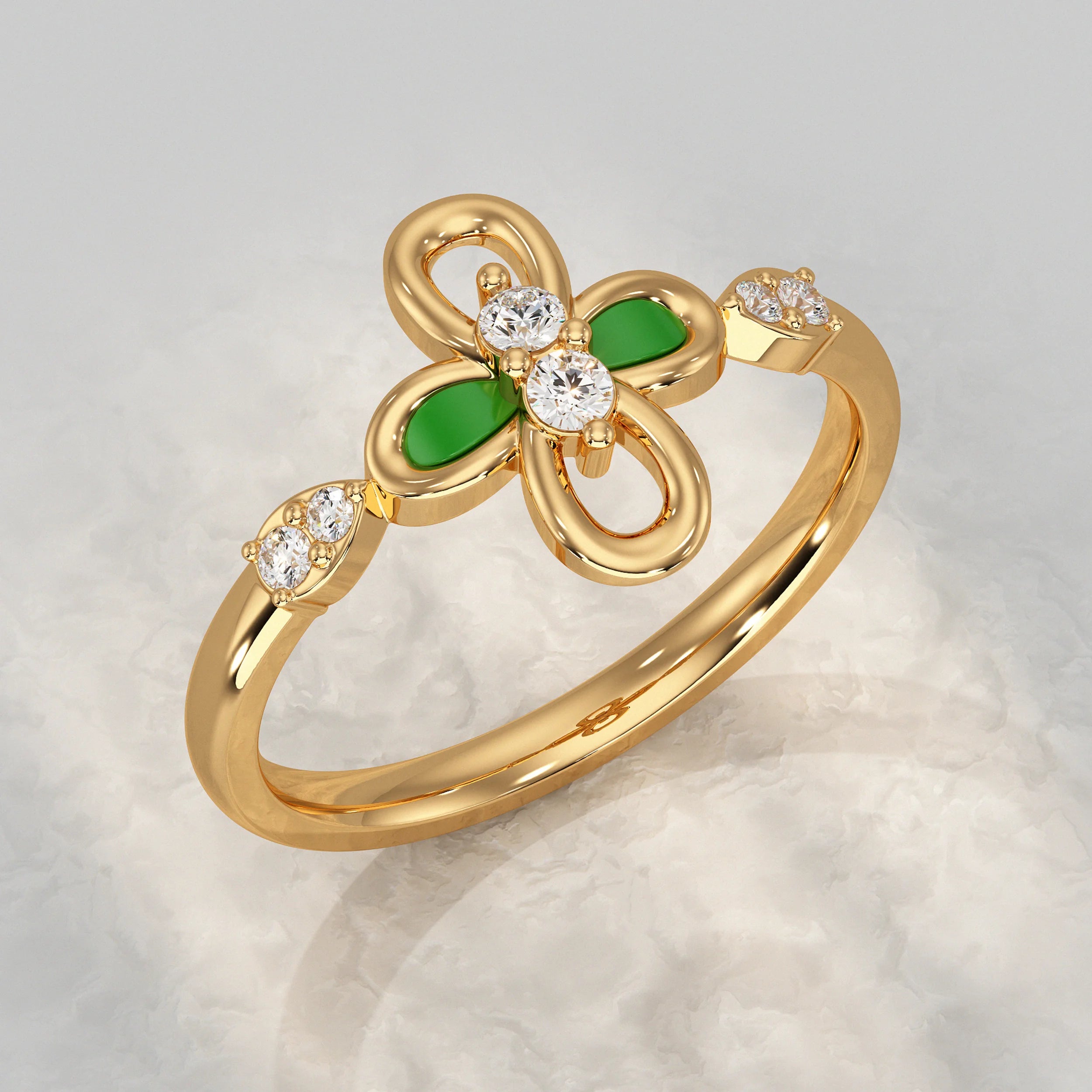 Floral Diamond Ring with Green Enamel Accent Rings