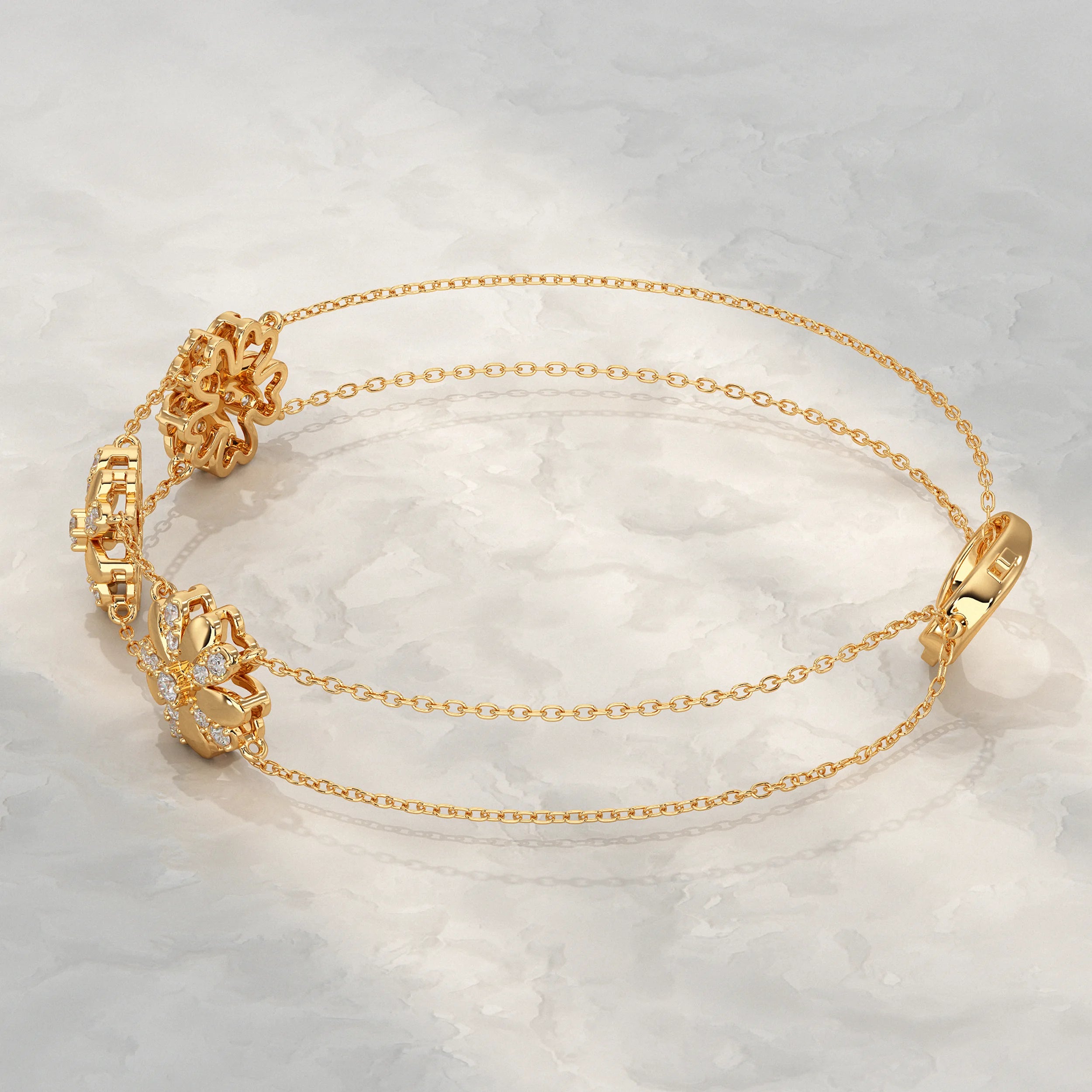 Diamond Triple Floral Double Chain Bracelet Bracelet