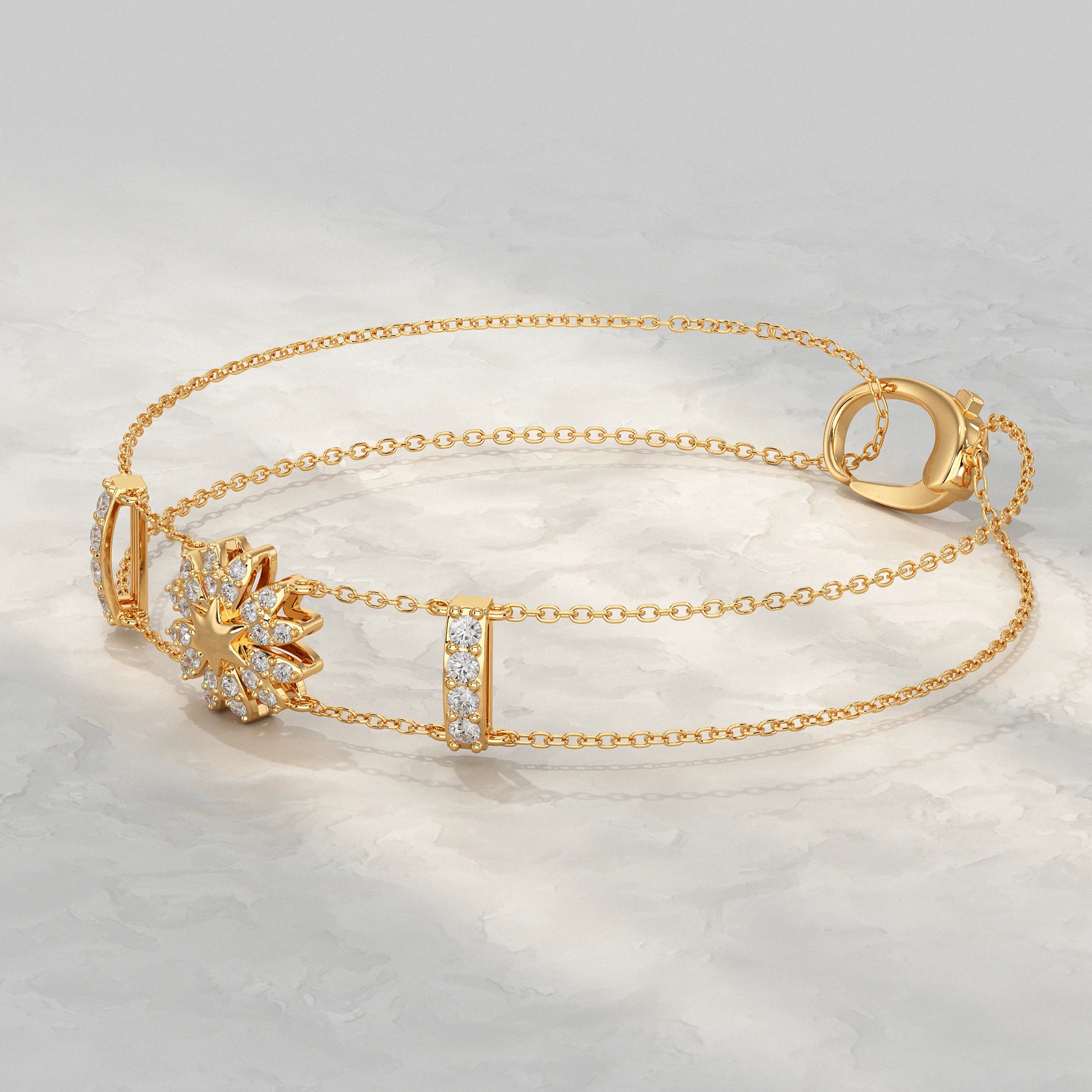 Floral Shape Round Diamond Double Chain Bracelet Bracelet