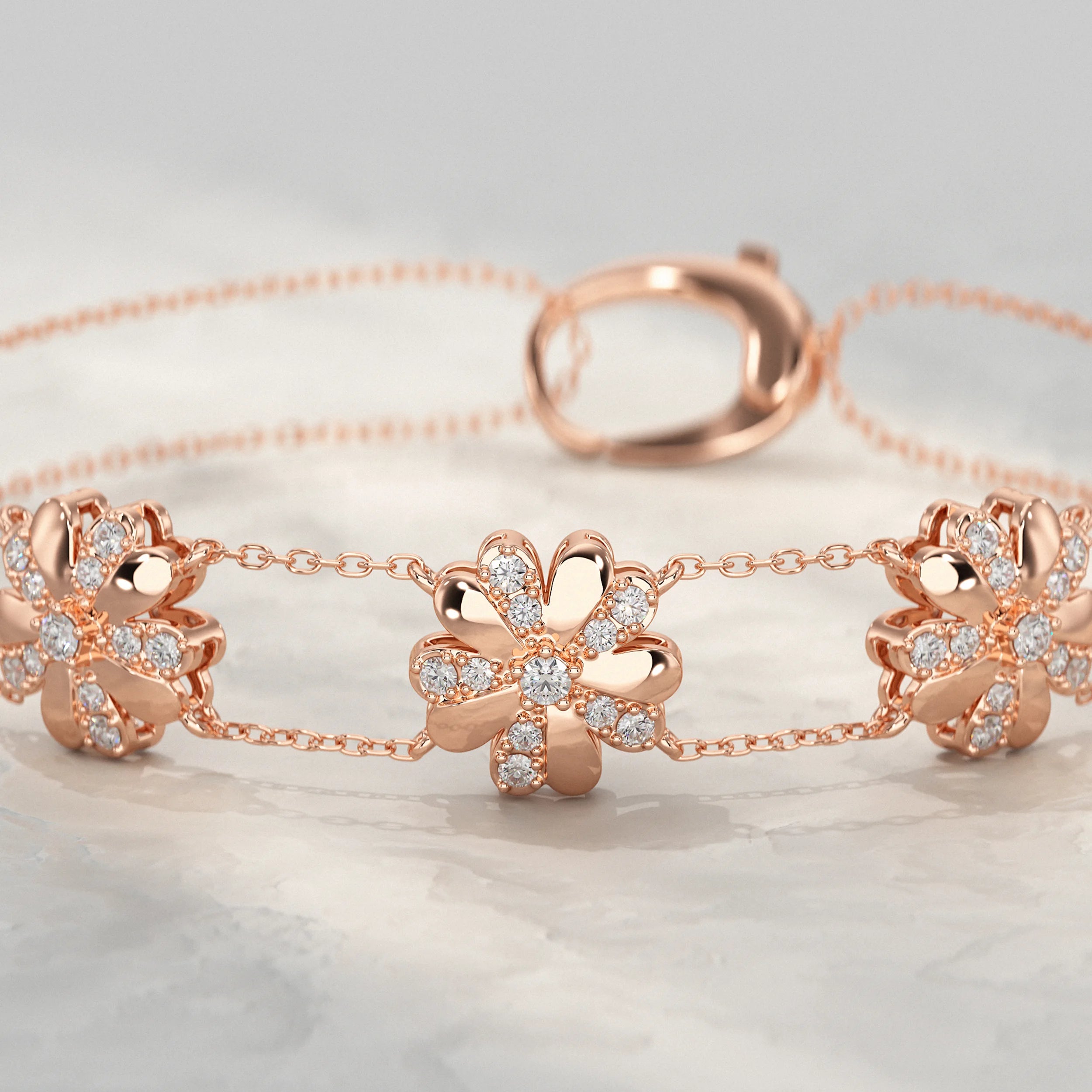 Diamond Triple Floral Double Chain Bracelet Bracelet