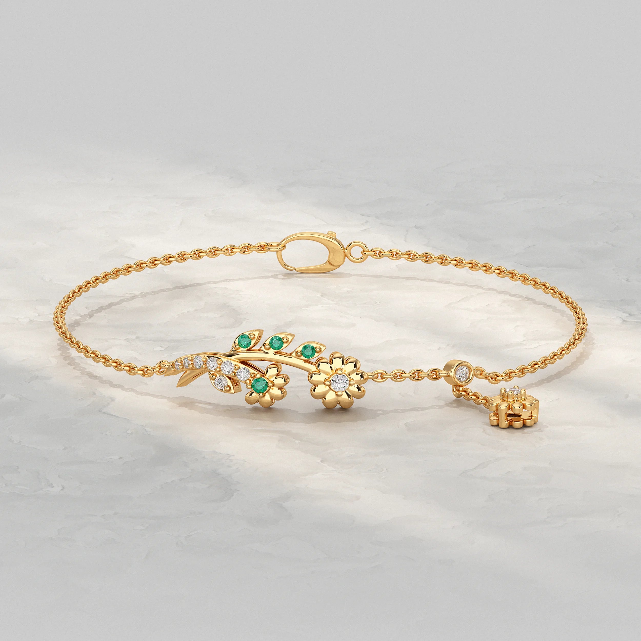 Round Lab Diamond Floral Leaf Charm Chain Bracelet Bracelet