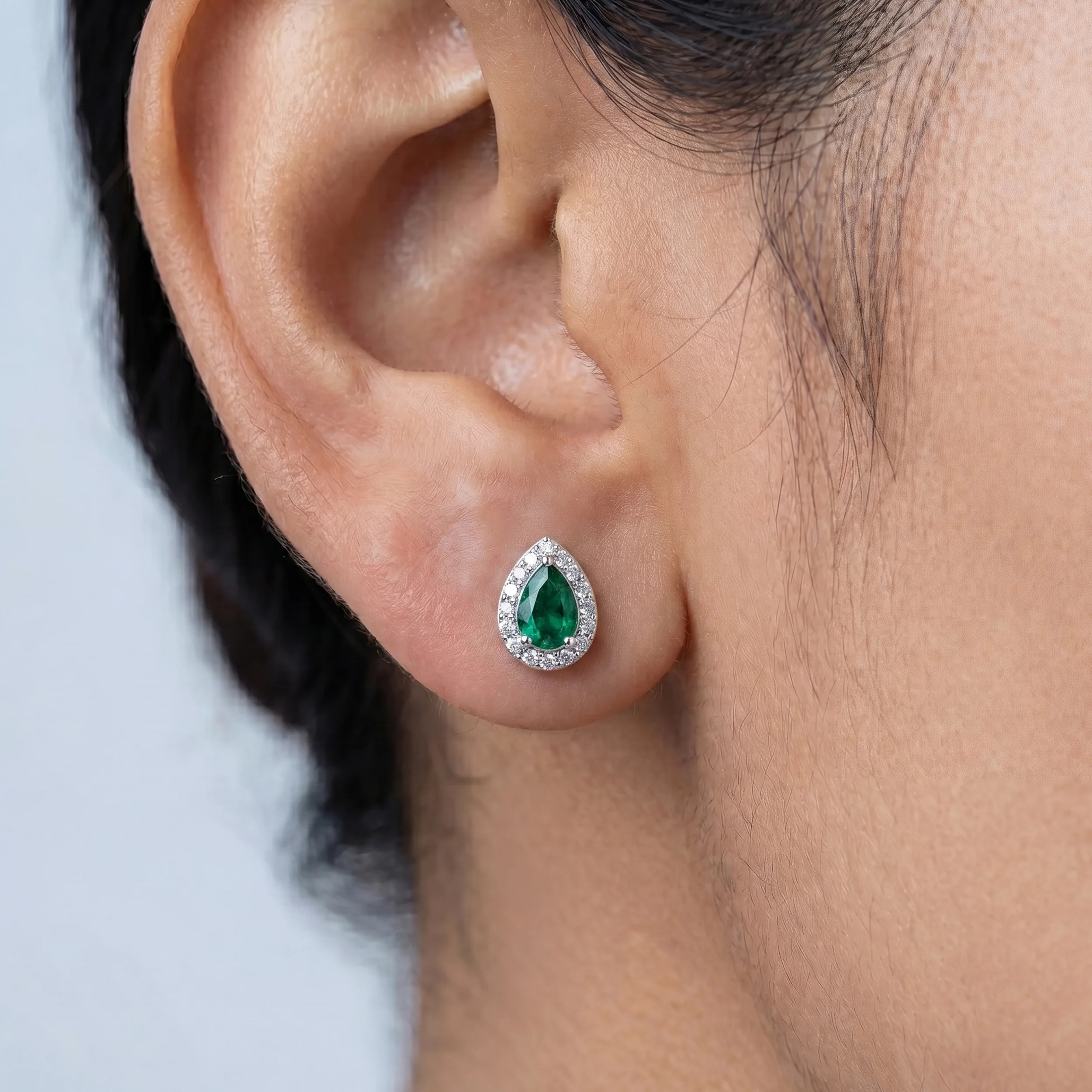 Emerald Pear Gemstone Halo Stud Earrings Earrings