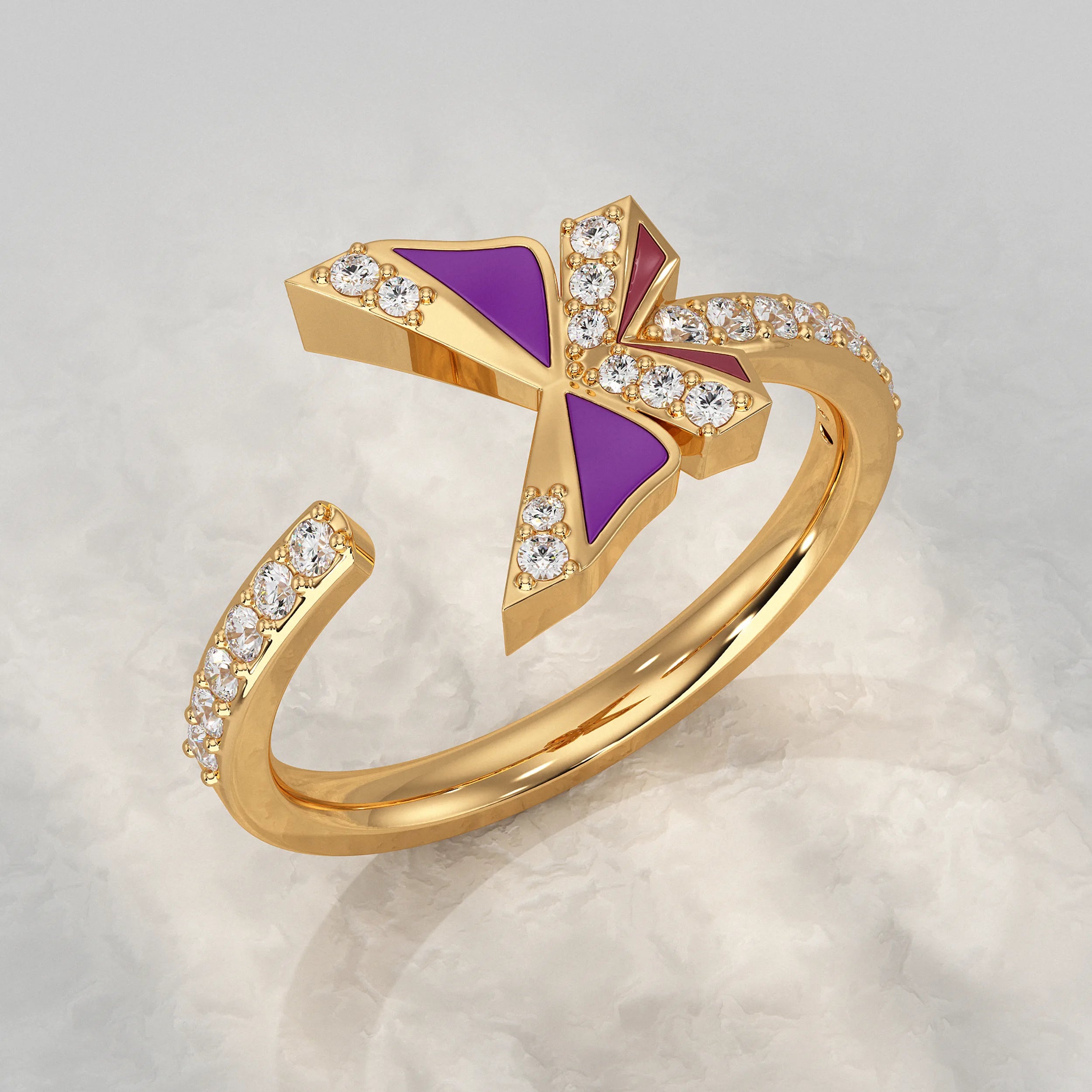 Purple Enamel Butterfly Lab Diamond Open Cuff Ring Rings