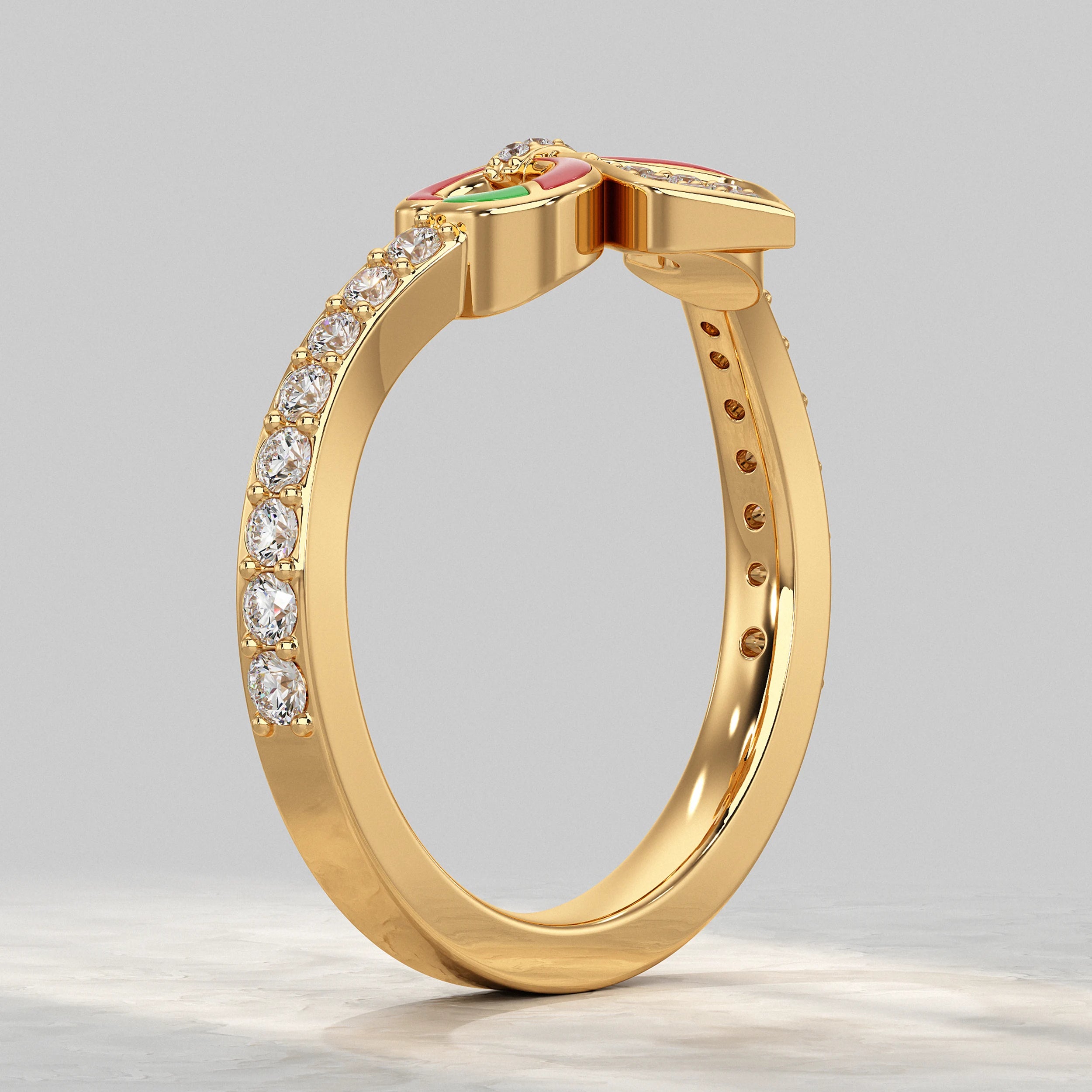 Lab Diamond Red & Green Enamel Fleur-de-Lis Ring Rings