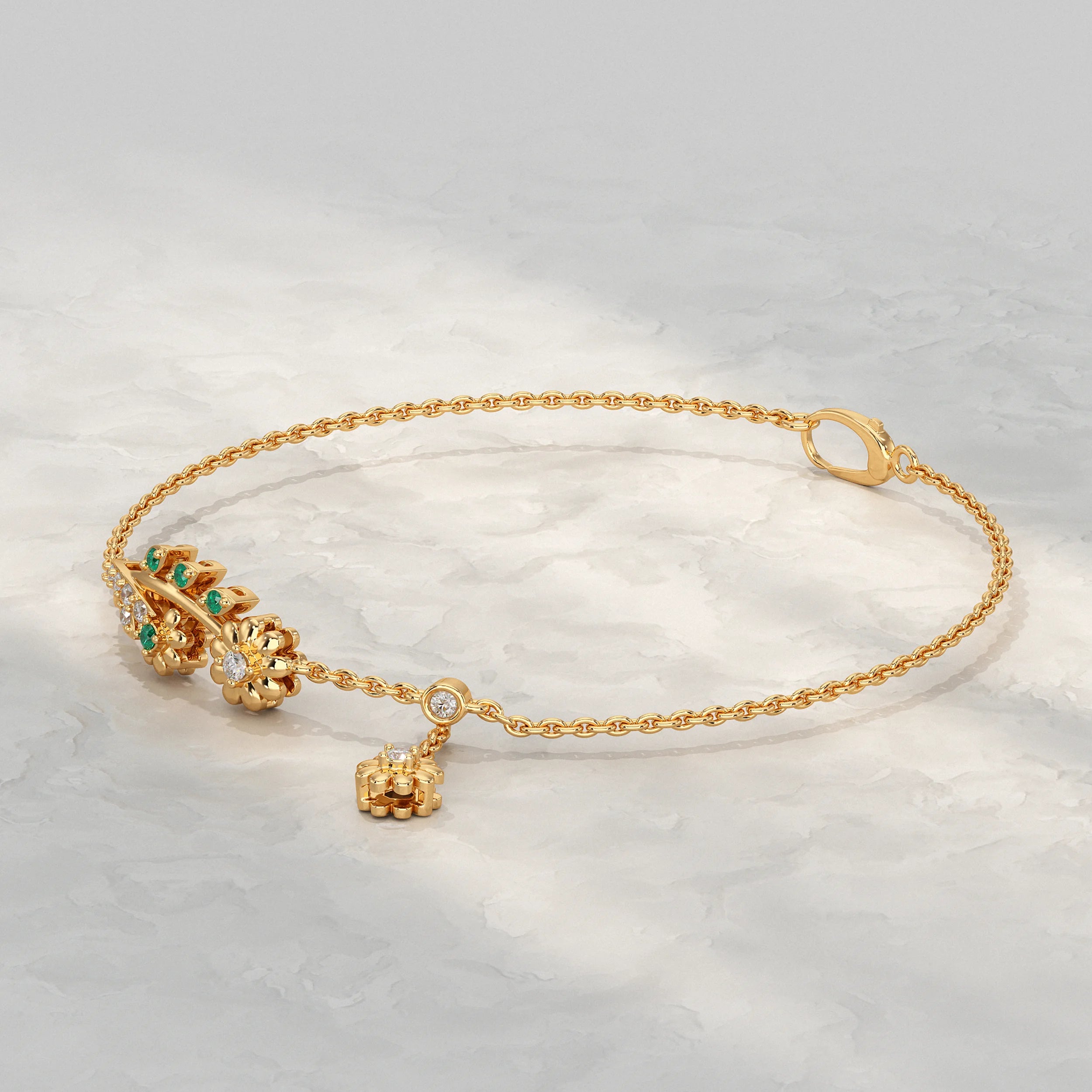 Round Lab Diamond Floral Leaf Charm Chain Bracelet Bracelet