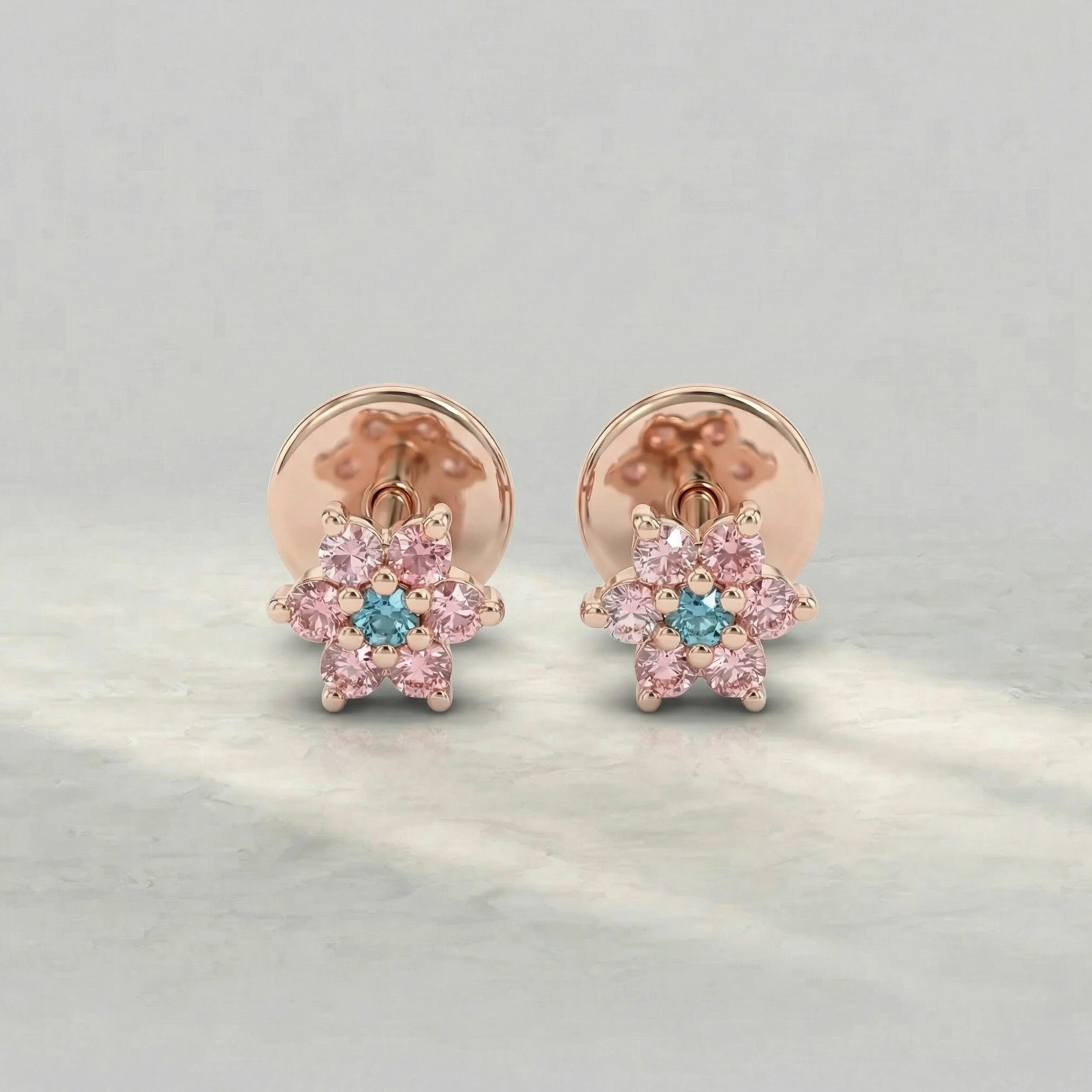 Floral Style Pink Round Diamond Stud Earring Earrings