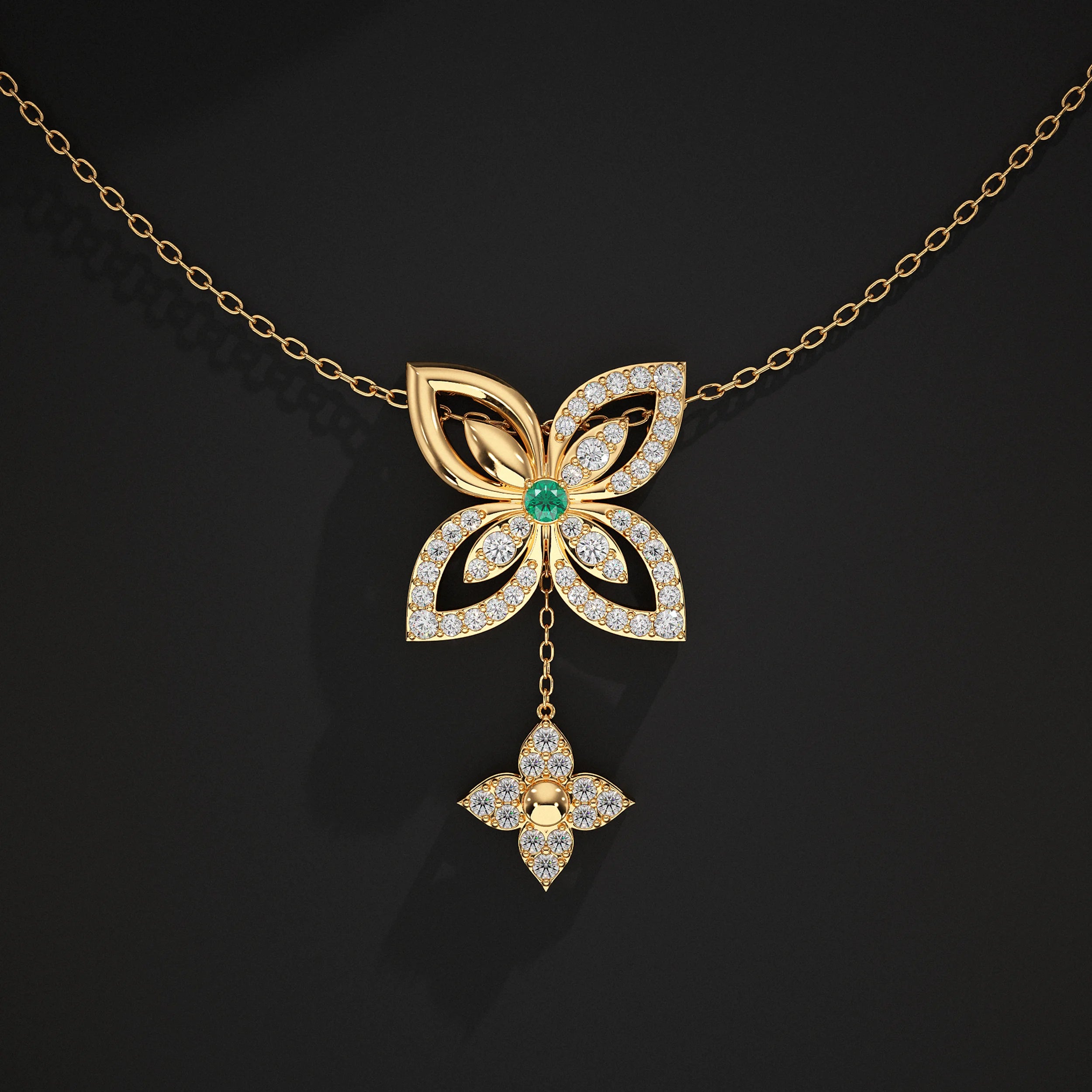 Round Diamond Flower Design With Drop Chains Pendant