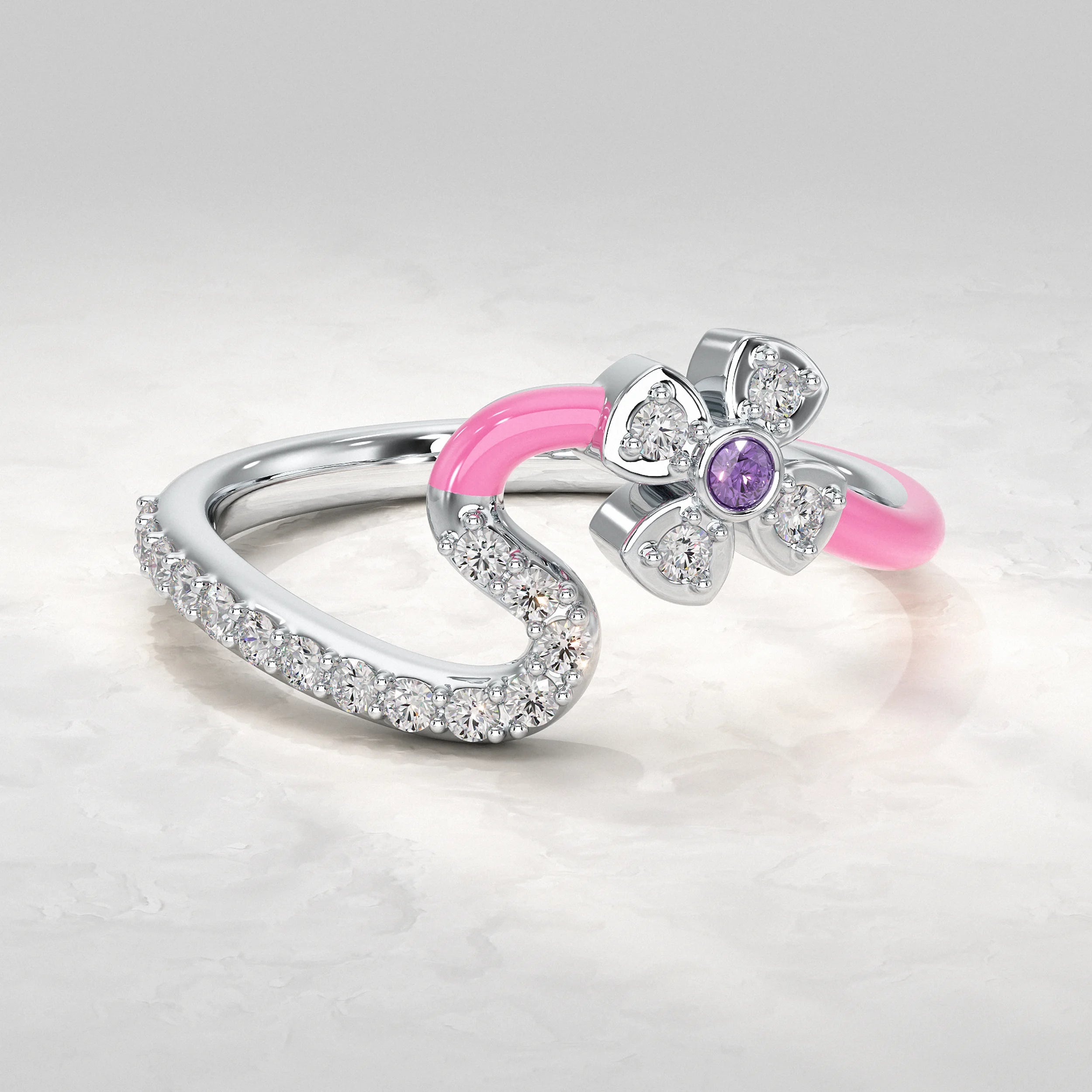 Pink Enamel Lab Diamond Floral Ring Rings