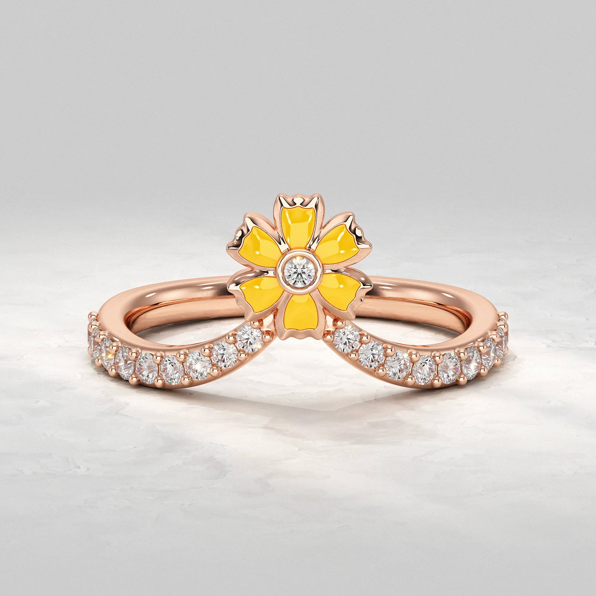 Daisy Flower Curved Wedding Band Rings