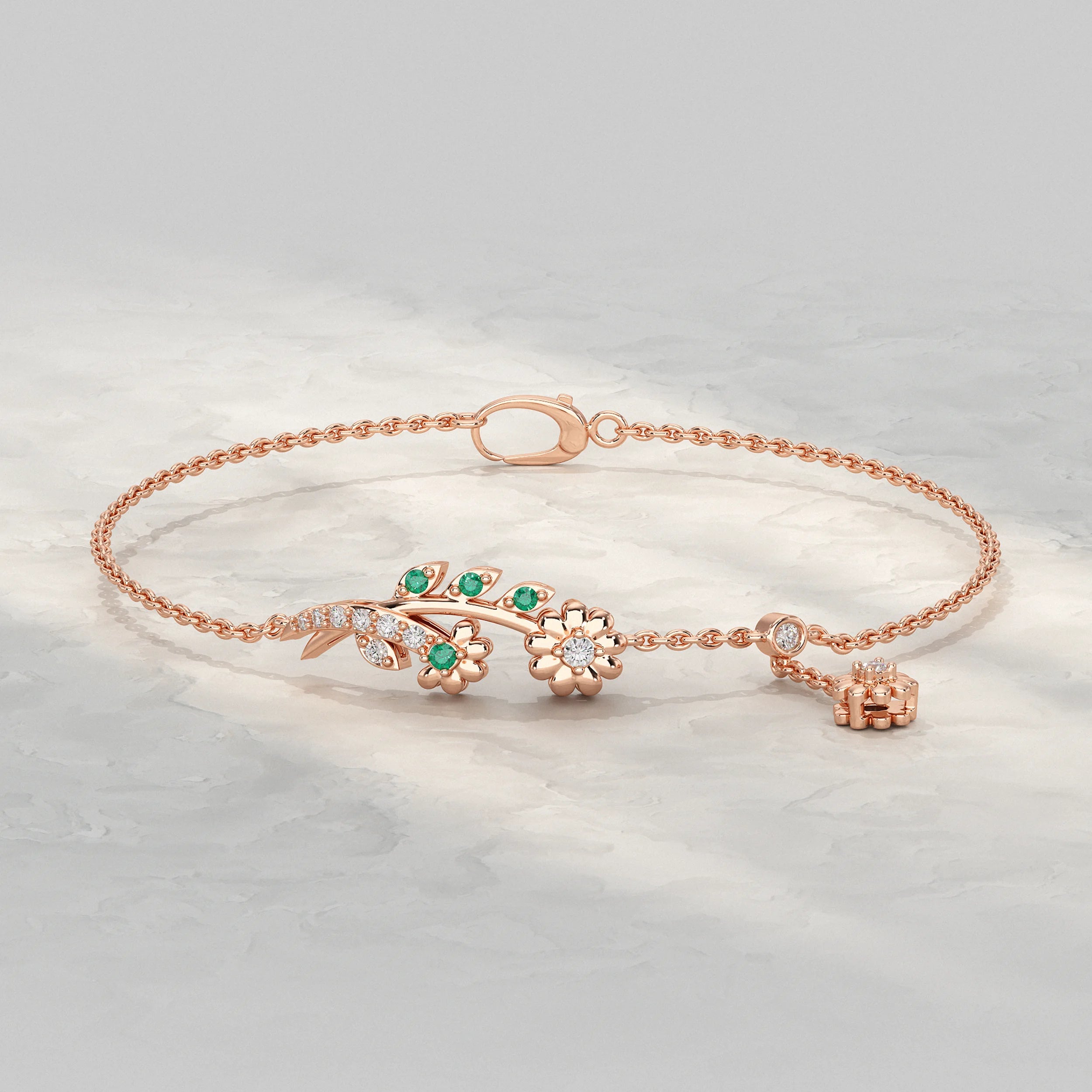 Round Lab Diamond Floral Leaf Charm Chain Bracelet Bracelet