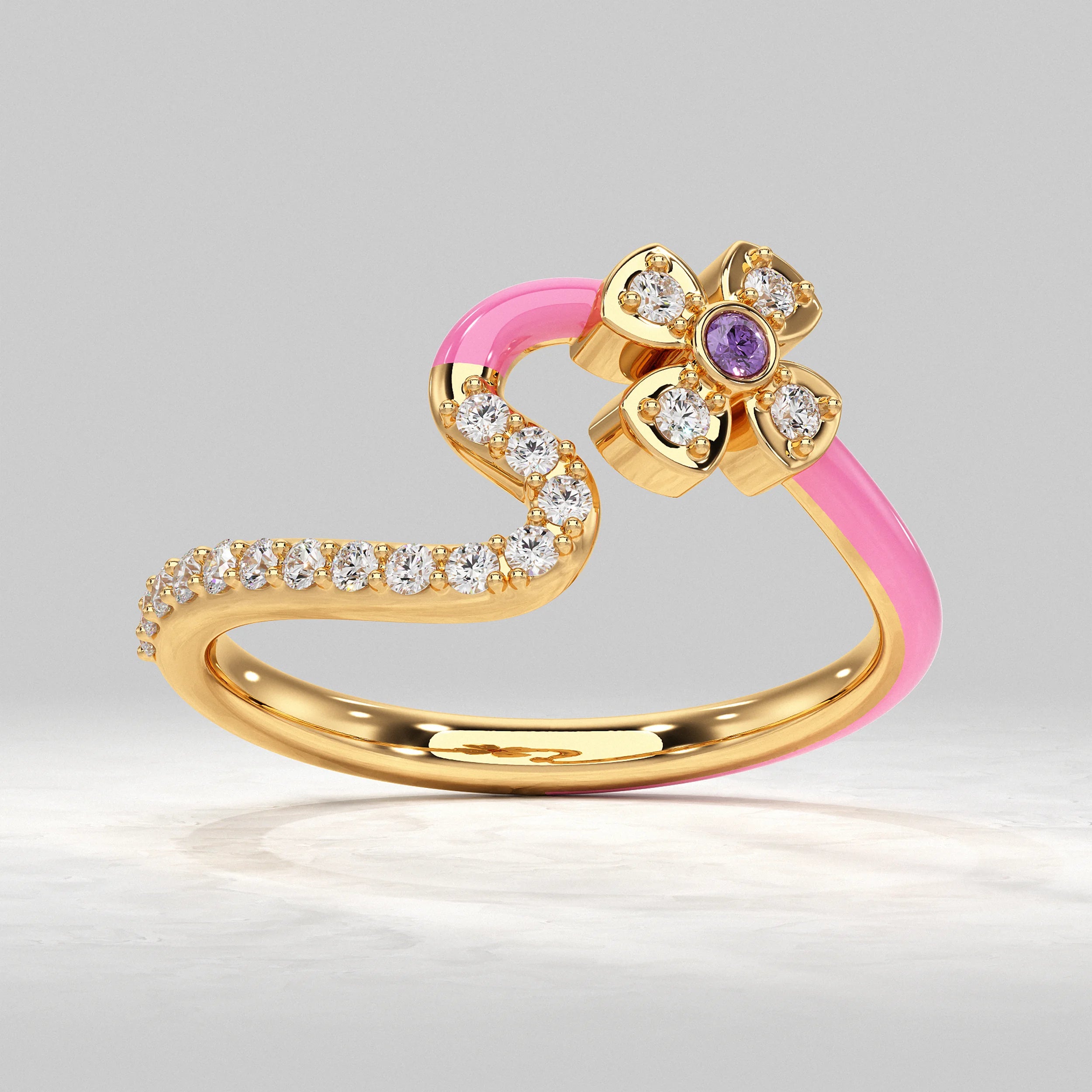 Pink Enamel Lab Diamond Floral Ring Rings