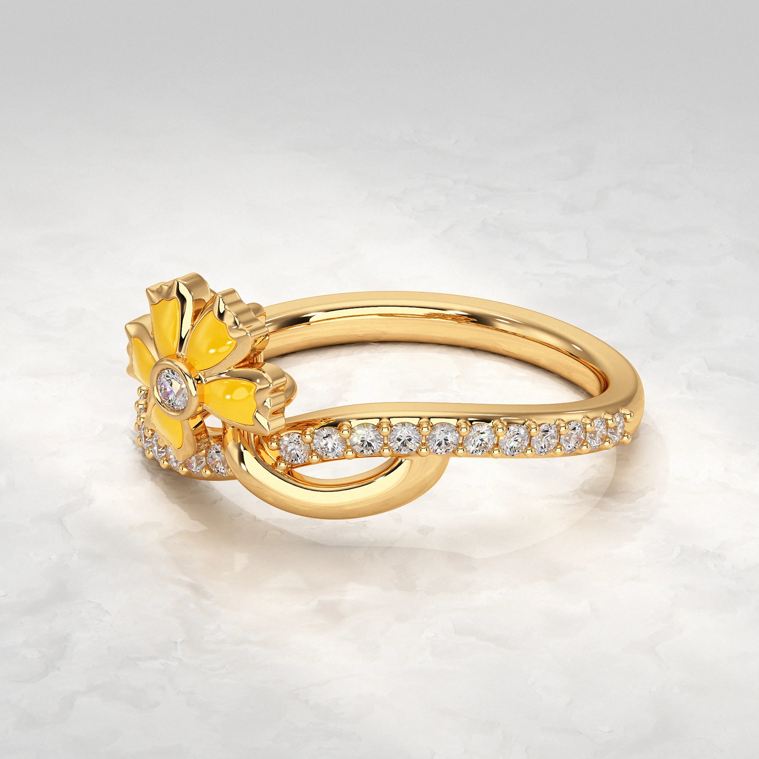 Floral Diamond Ring with Yellow Enamel Accents Rings