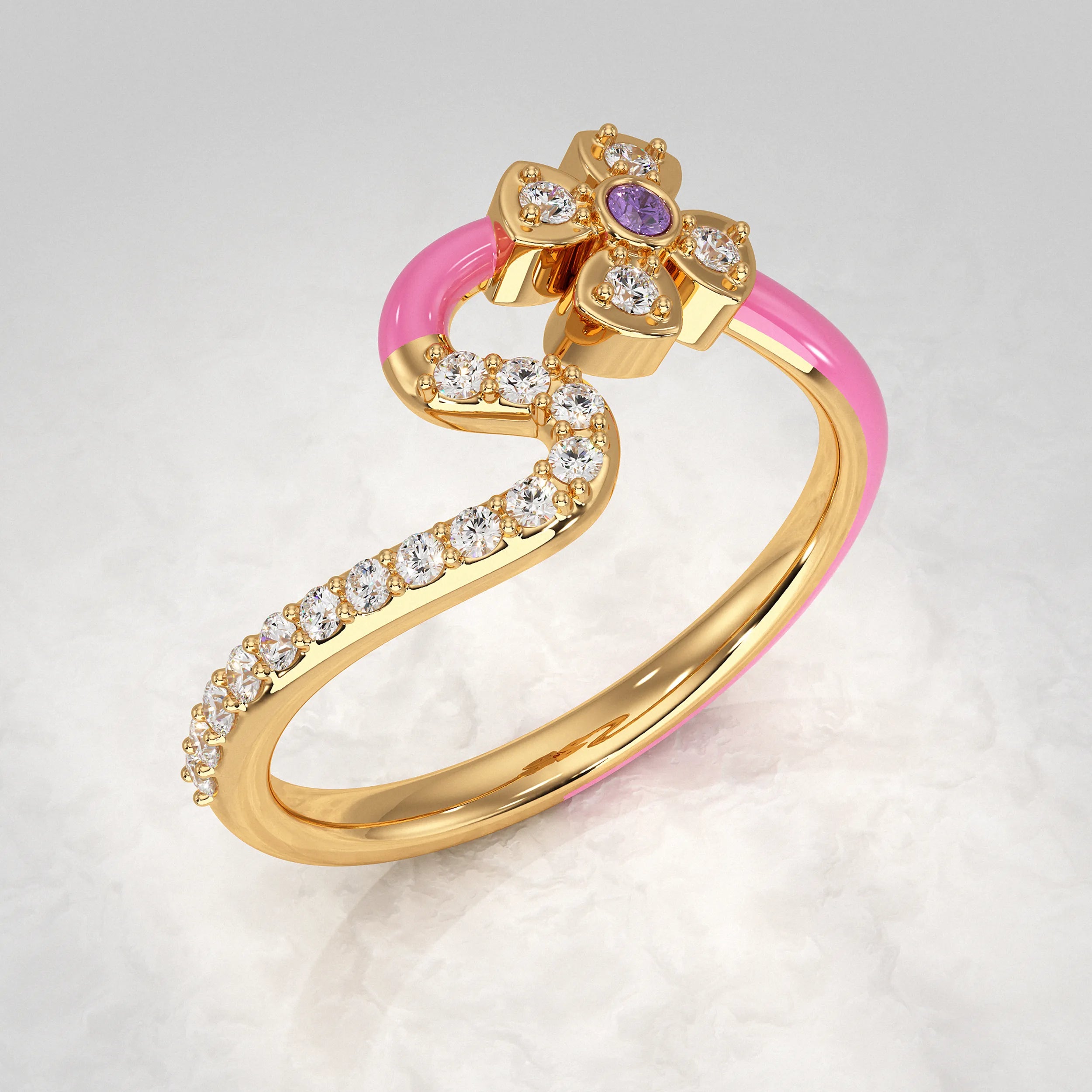 Pink Enamel Lab Diamond Floral Ring Rings