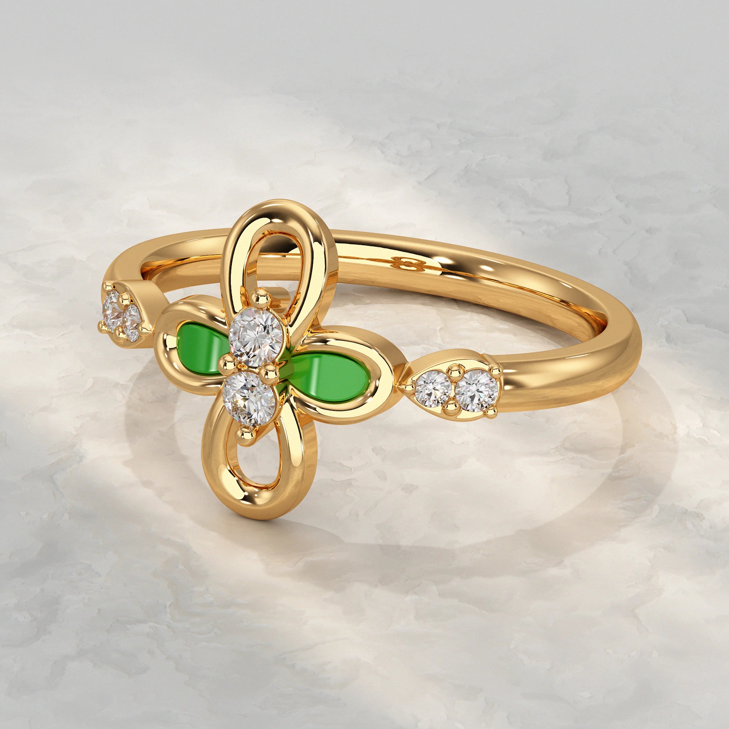 Floral Diamond Ring with Green Enamel Accent Rings