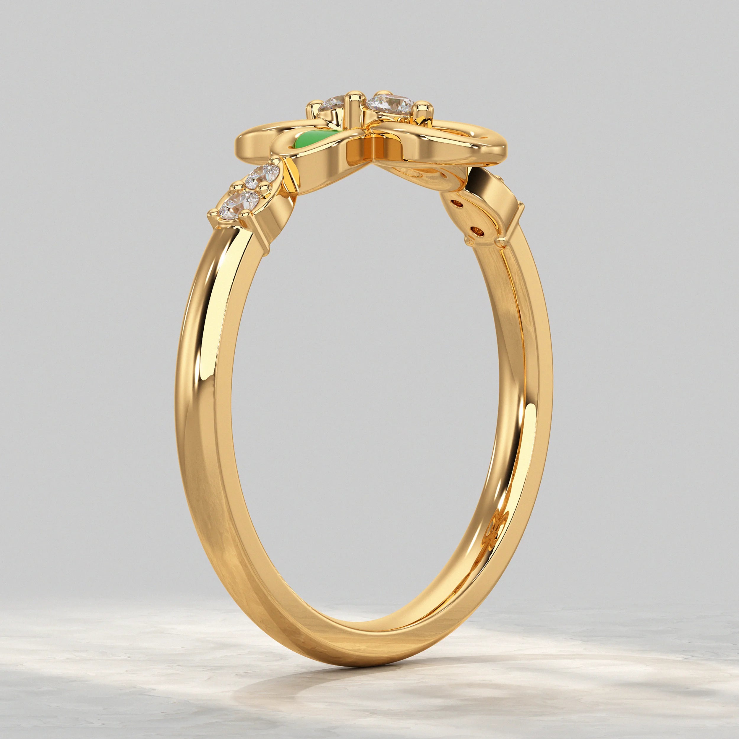 Floral Diamond Ring with Green Enamel Accent Rings