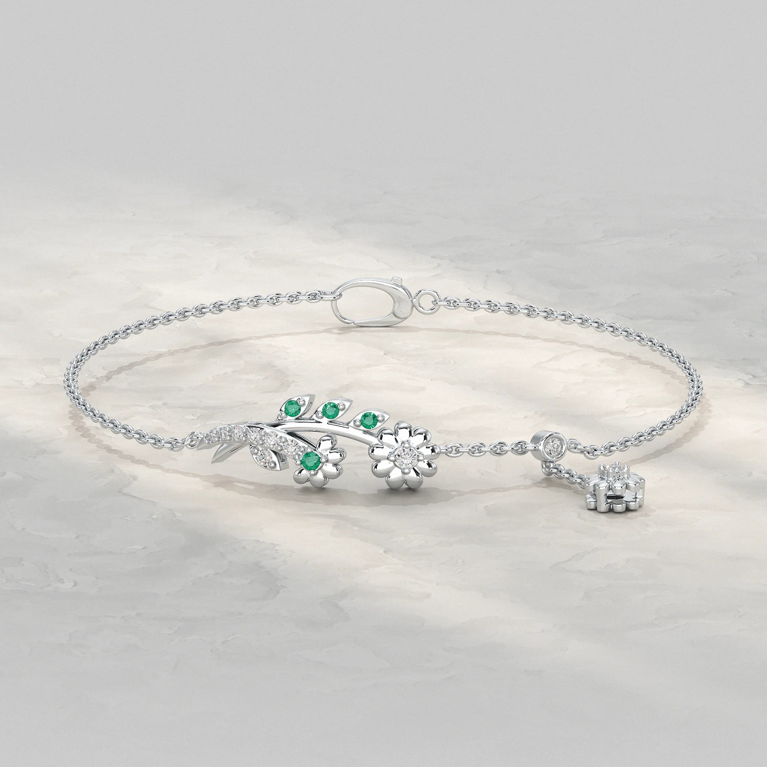 Round Lab Diamond Floral Leaf Charm Chain Bracelet Bracelet