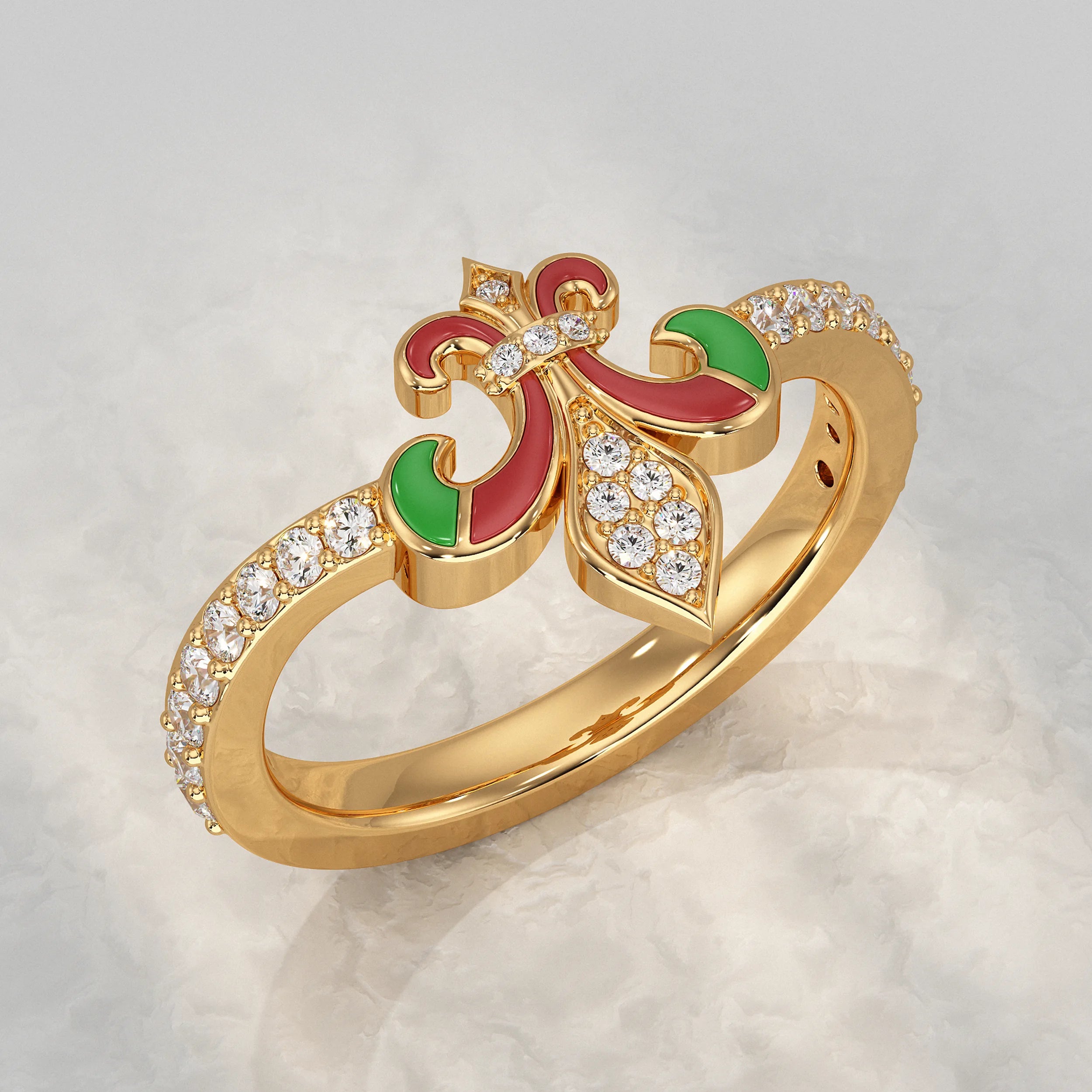 Lab Diamond Red & Green Enamel Fleur-de-Lis Ring Rings