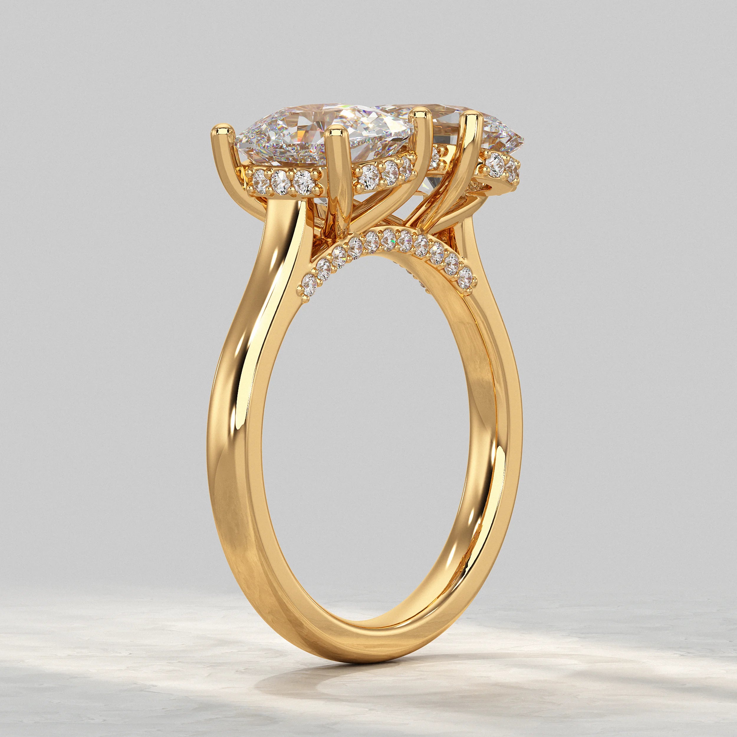 Two Stone Pear And Cushion Lab Diamond Hidden Halo Ring Rings