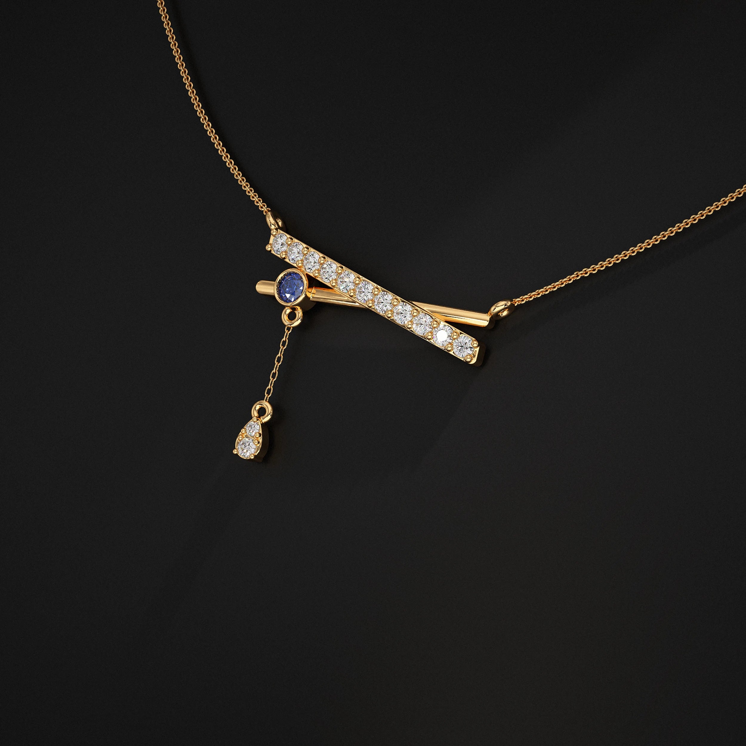 Round Lab Diamond Drop Chain Bar Pendant Pendant