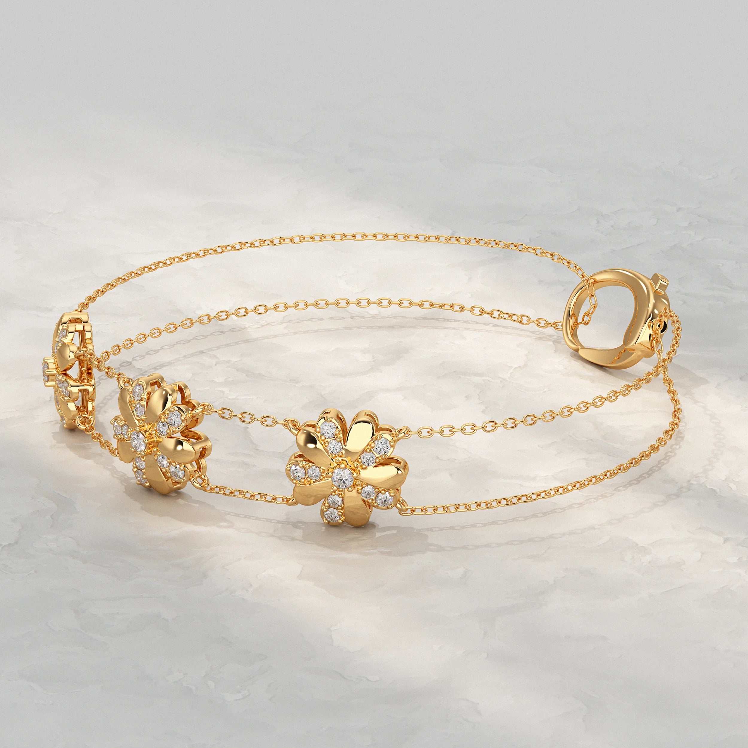 Diamond Triple Floral Double Chain Bracelet Bracelet