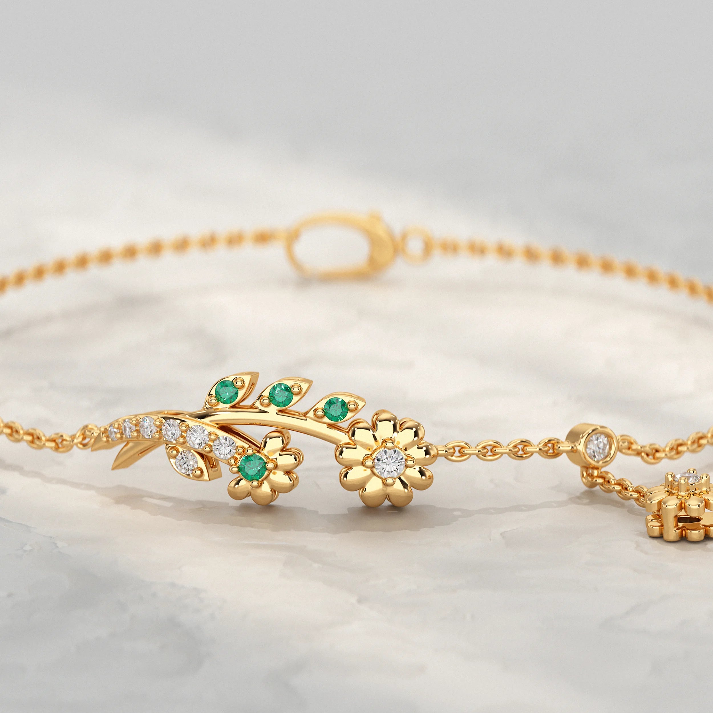 Round Lab Diamond Floral Leaf Charm Chain Bracelet Bracelet