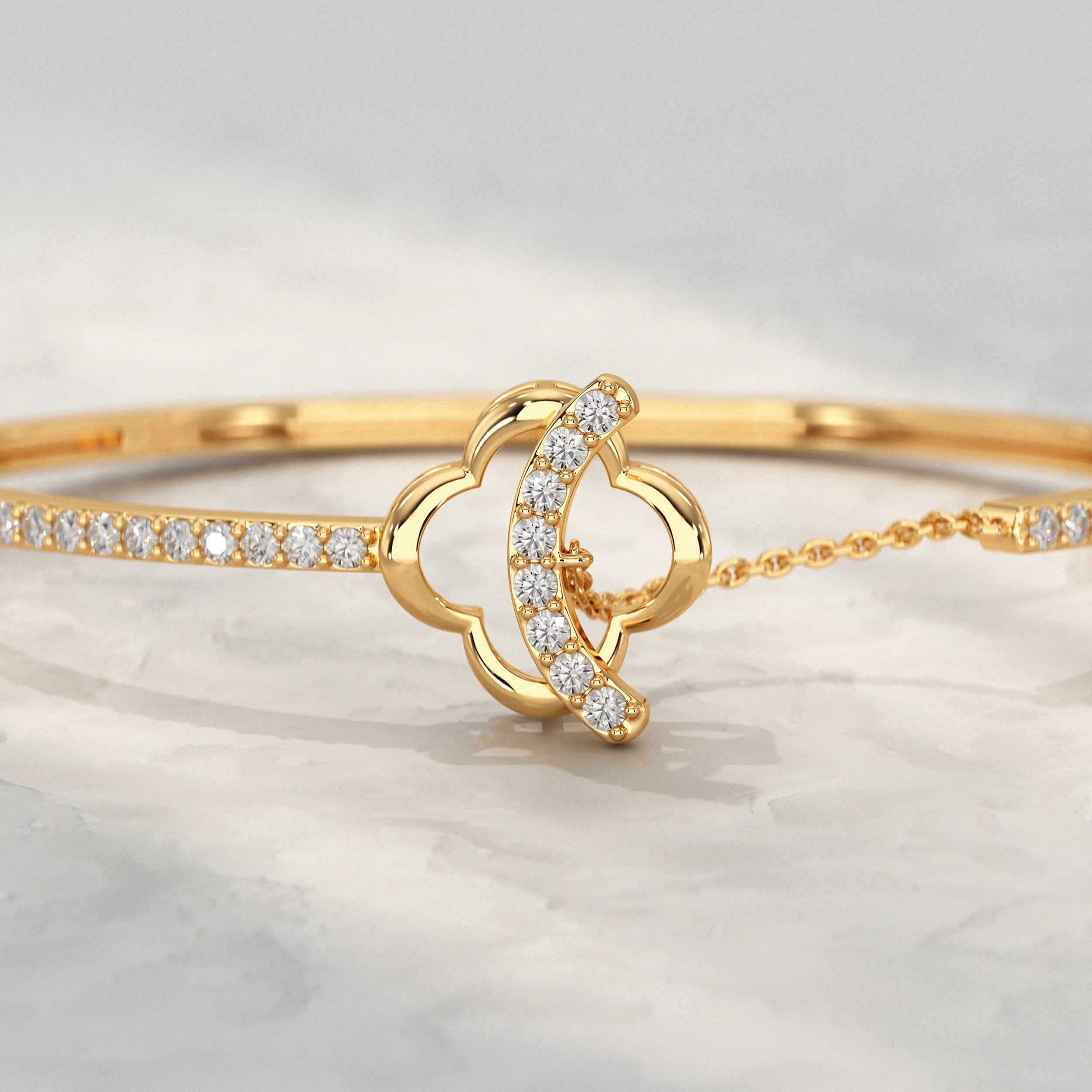 Round Lab Diamond Clover Motif Bangle Bracelet