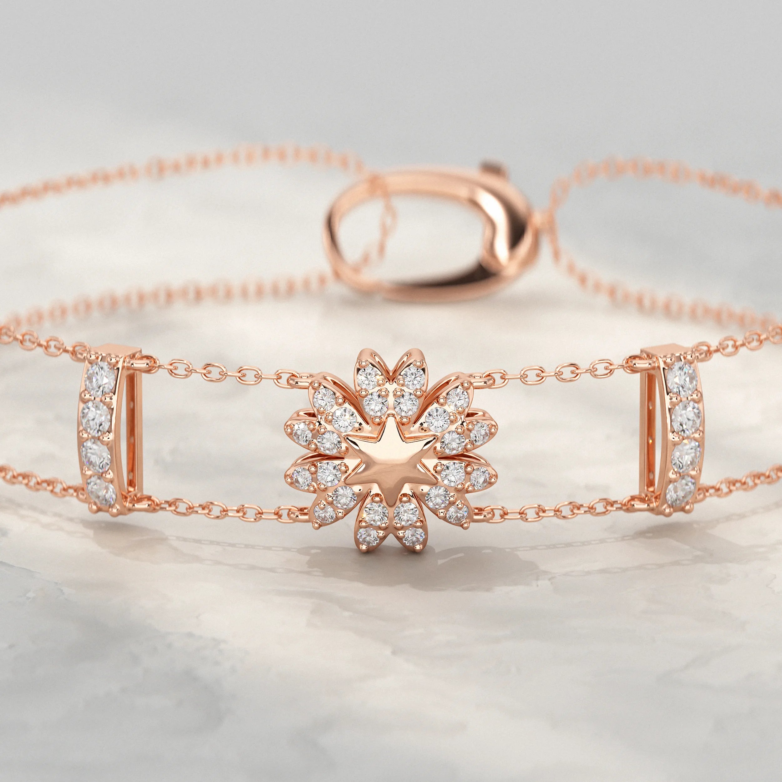 Floral Shape Round Diamond Double Chain Bracelet Bracelet