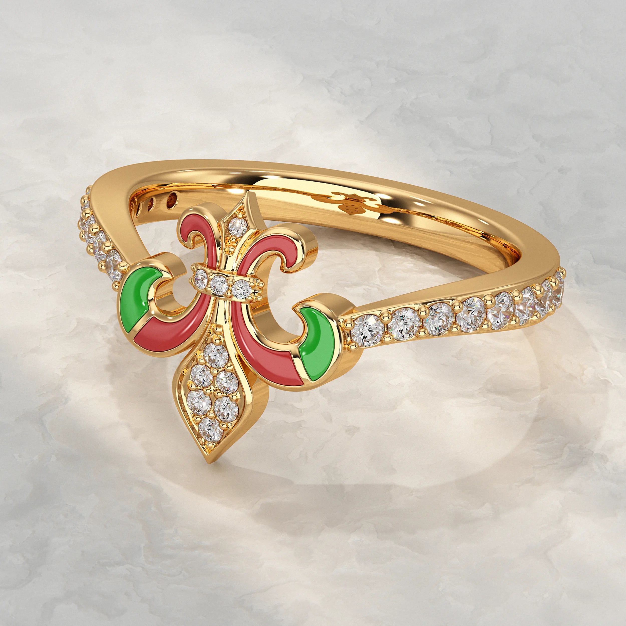 Lab Diamond Red & Green Enamel Fleur-de-Lis Ring Rings