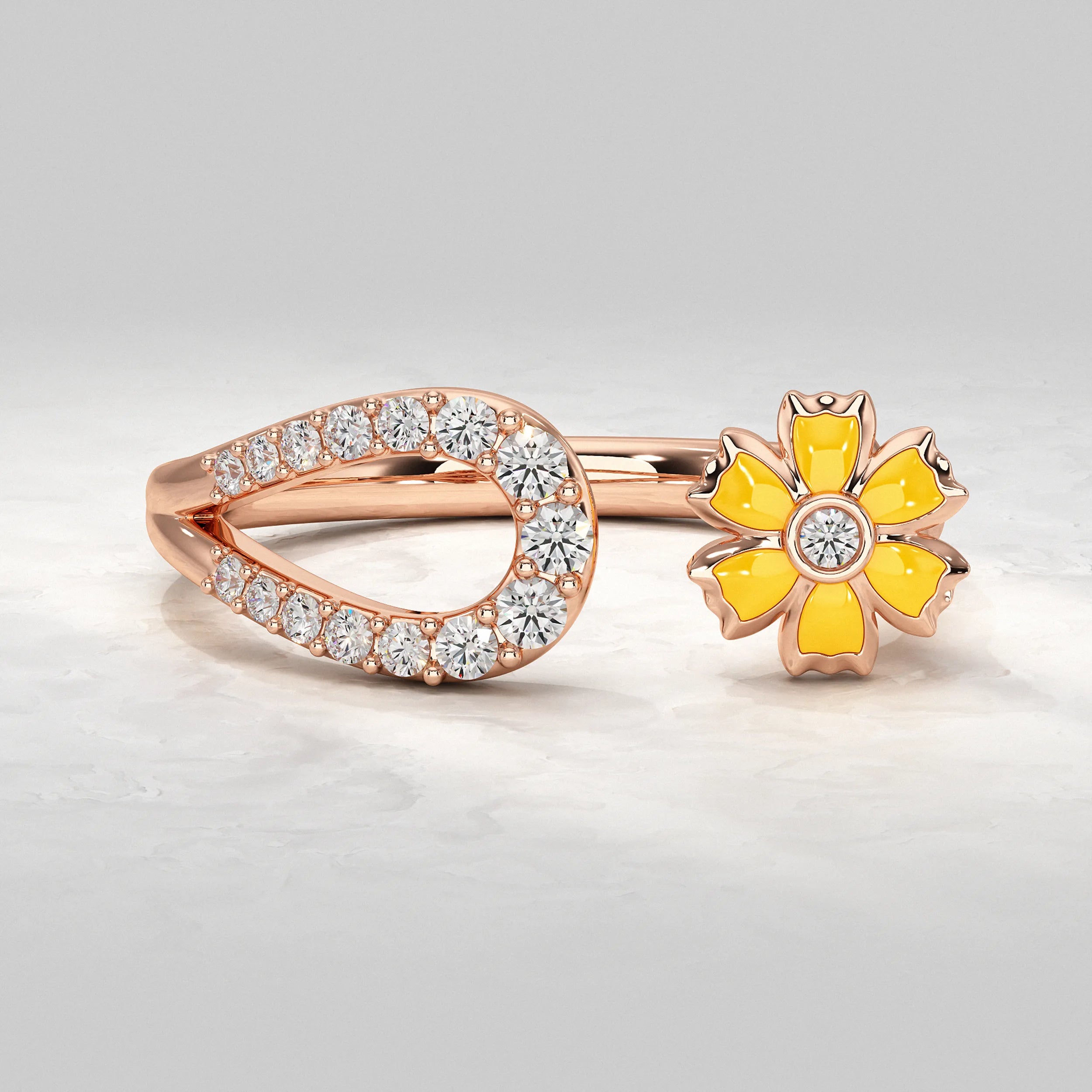 Yellow Enamel Flower Open Cuff Band Rings
